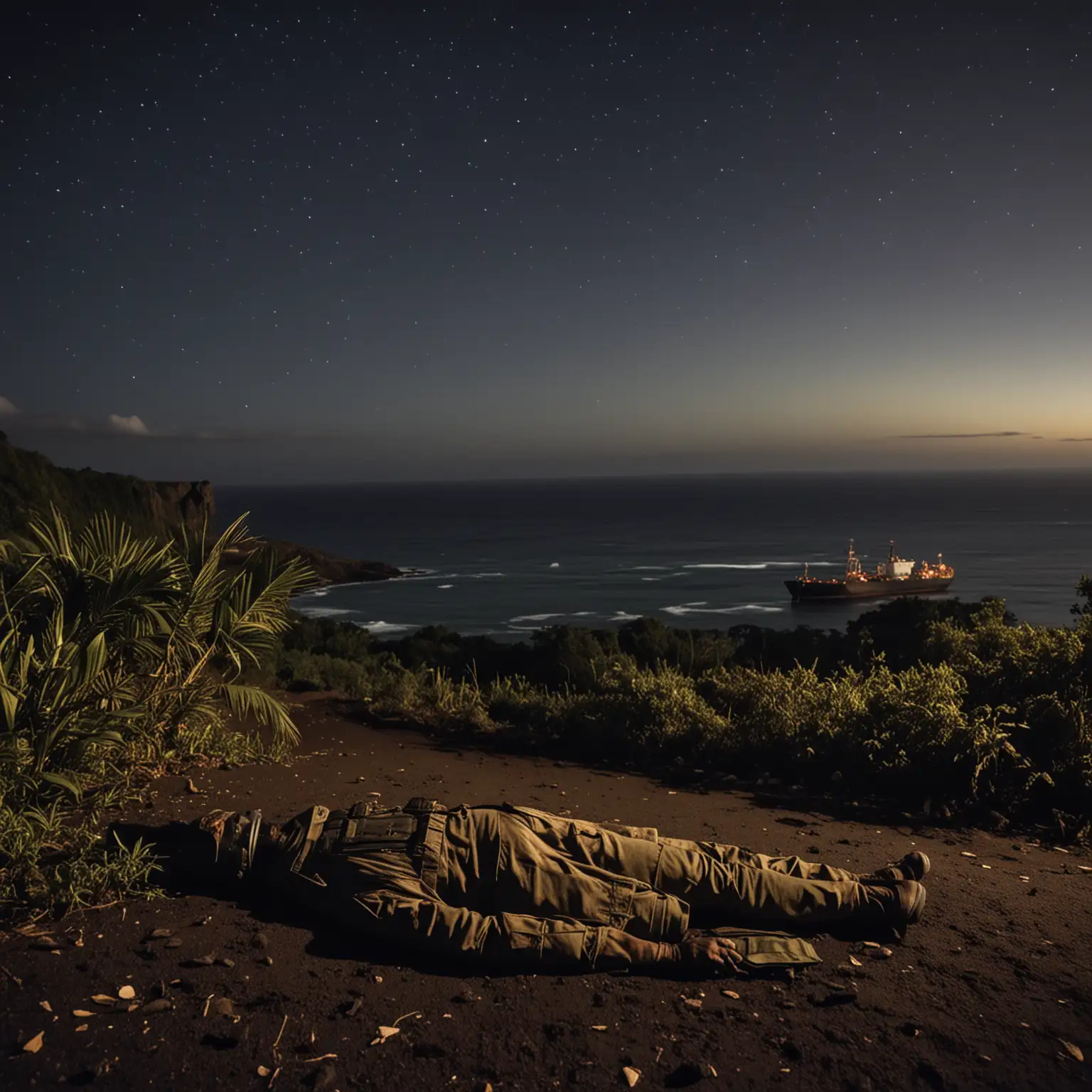 Tropical Island Night Ocean View with Cargo Ship Camouflaged Soldier