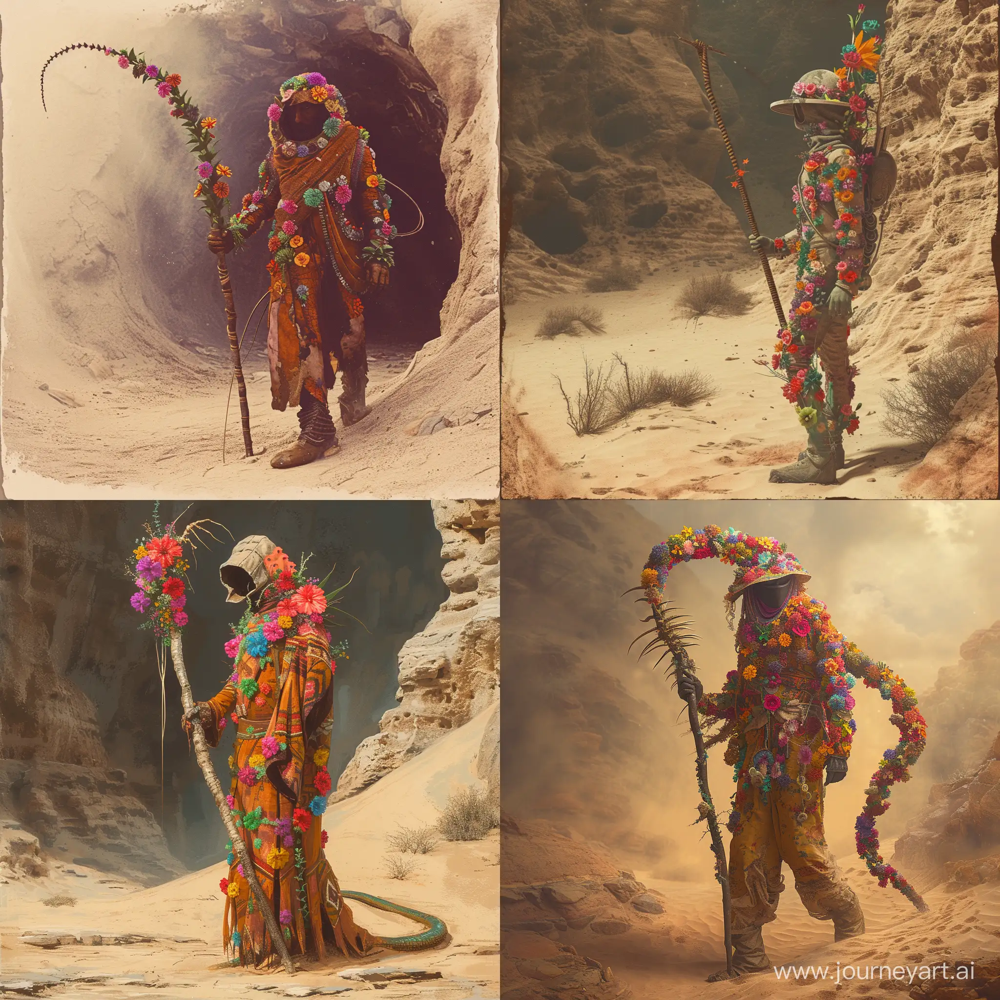 a dune Expert desert ecologist, Attire adorned with colorful desert flowers, Carries a staff made from a sandworm spine, Studies Arrakis' unique flora and fauna,  in a oasis ,1970's dark fantasy style, gritty, dark, vintage, detailed