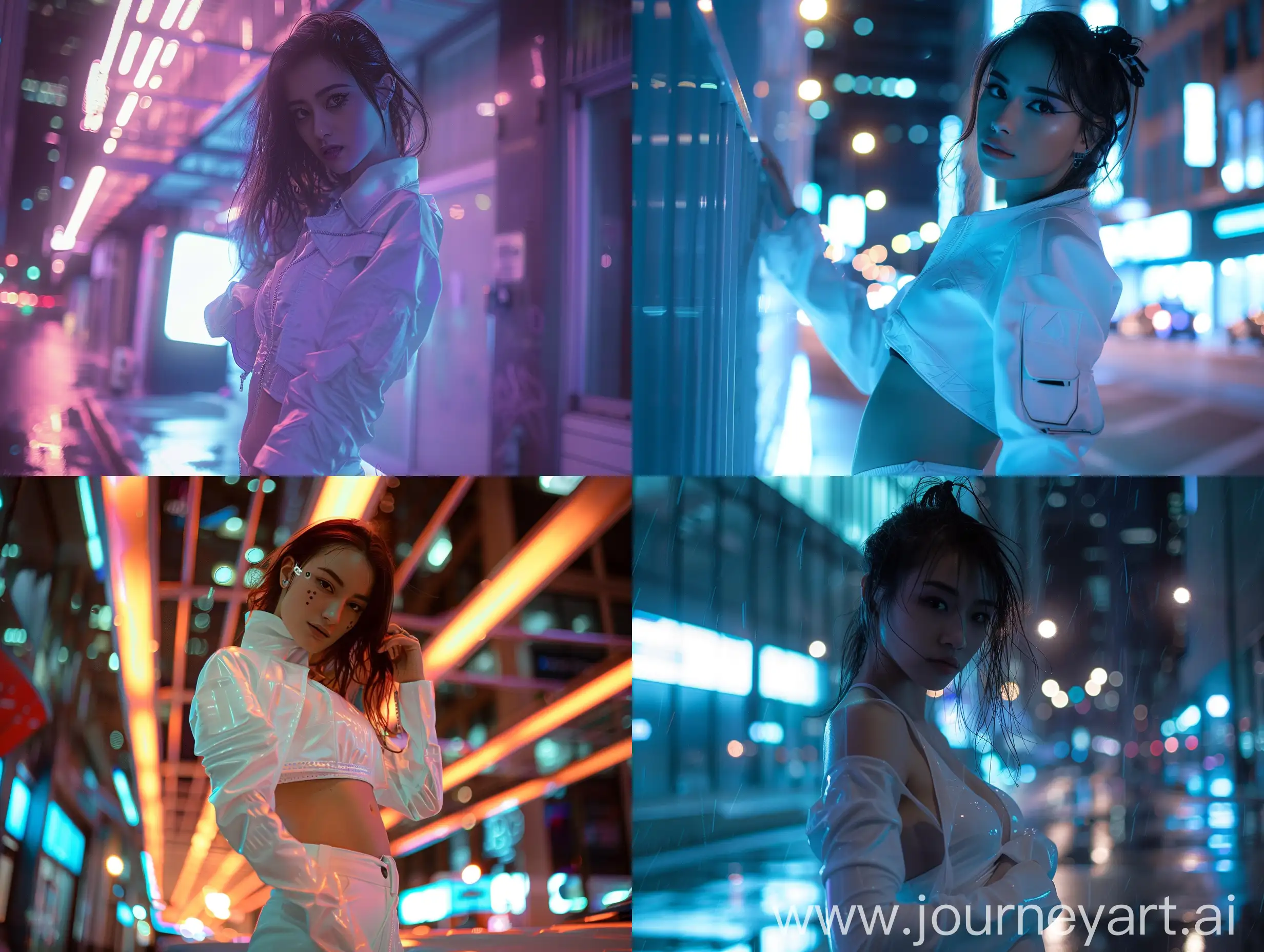 a phone photo of a cyberpunk woman standing in a cyber city, wearing a white outfit, soft lighting, style raw posted on reddit in 2019, environment, Chicago, nighttime, close up. looking at the viewer, posing,
