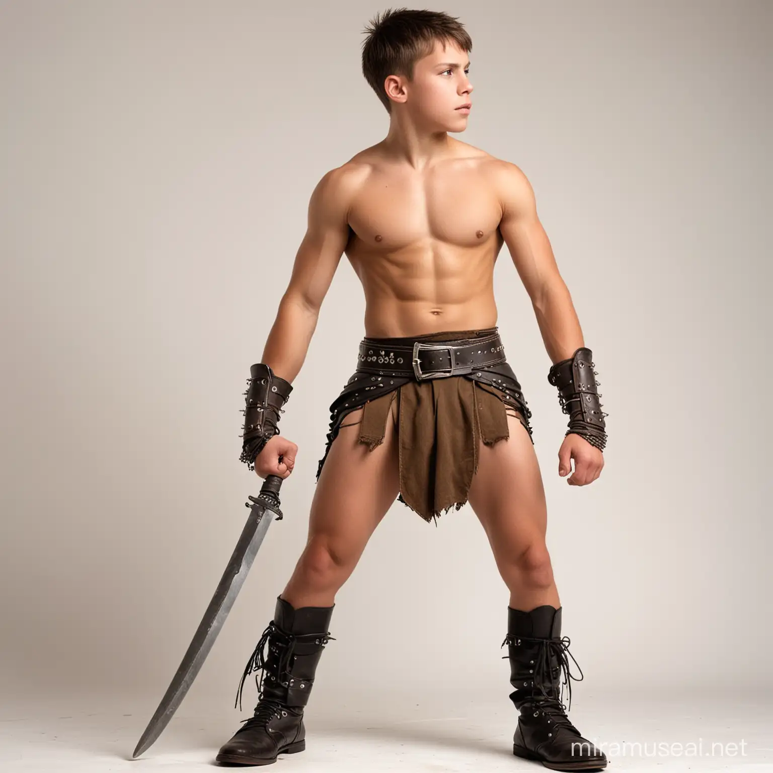 A very young shirtless muscular teenage boy warrior seen in profile, wearing a very short loincloth with a big leather belt and boots, white background.