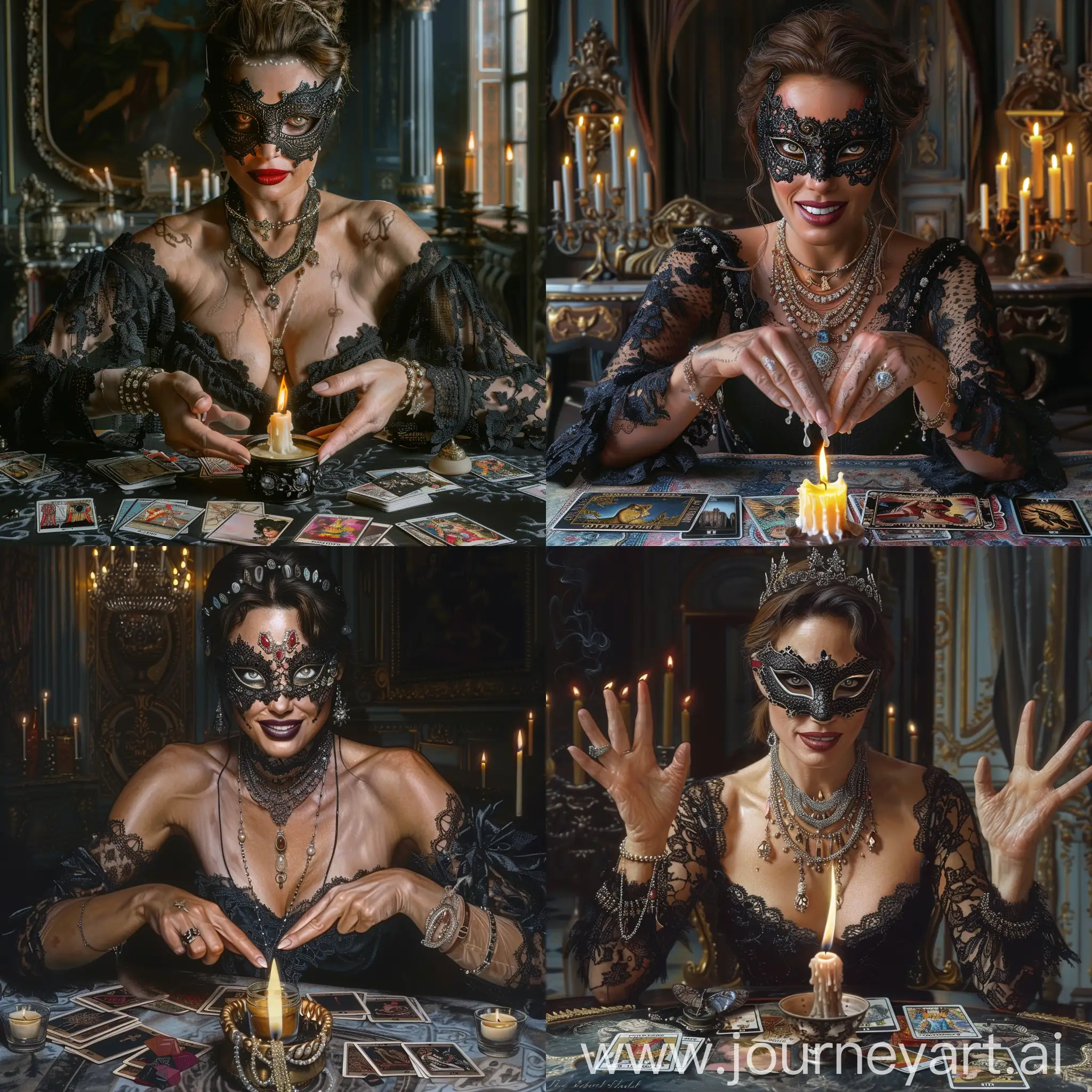 very nice lady with the face of Angelina Jolie ((in a black lace mask with decorations)), the smile of Gioconda, in sexy clothes and jewelry, telling fortunes at a table with magical objects on Tarot cards, holding a burning thick candle with her hands, perfect hand anatomy, 5 fingers on each hand, super high detail, straight fingers, epic, mystic, magic, very dark room, candles, vinji, very little light, Versailles room,