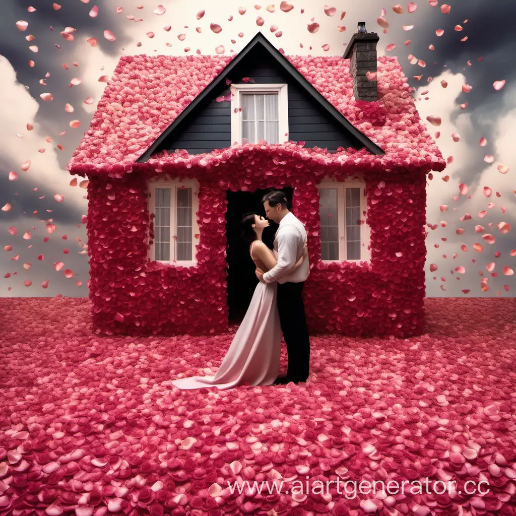 стоит дом обсыпанный лепестками роз небо пасмурное над ним и внутри дома стоят мужчина и женщина обнимающие друг друга 