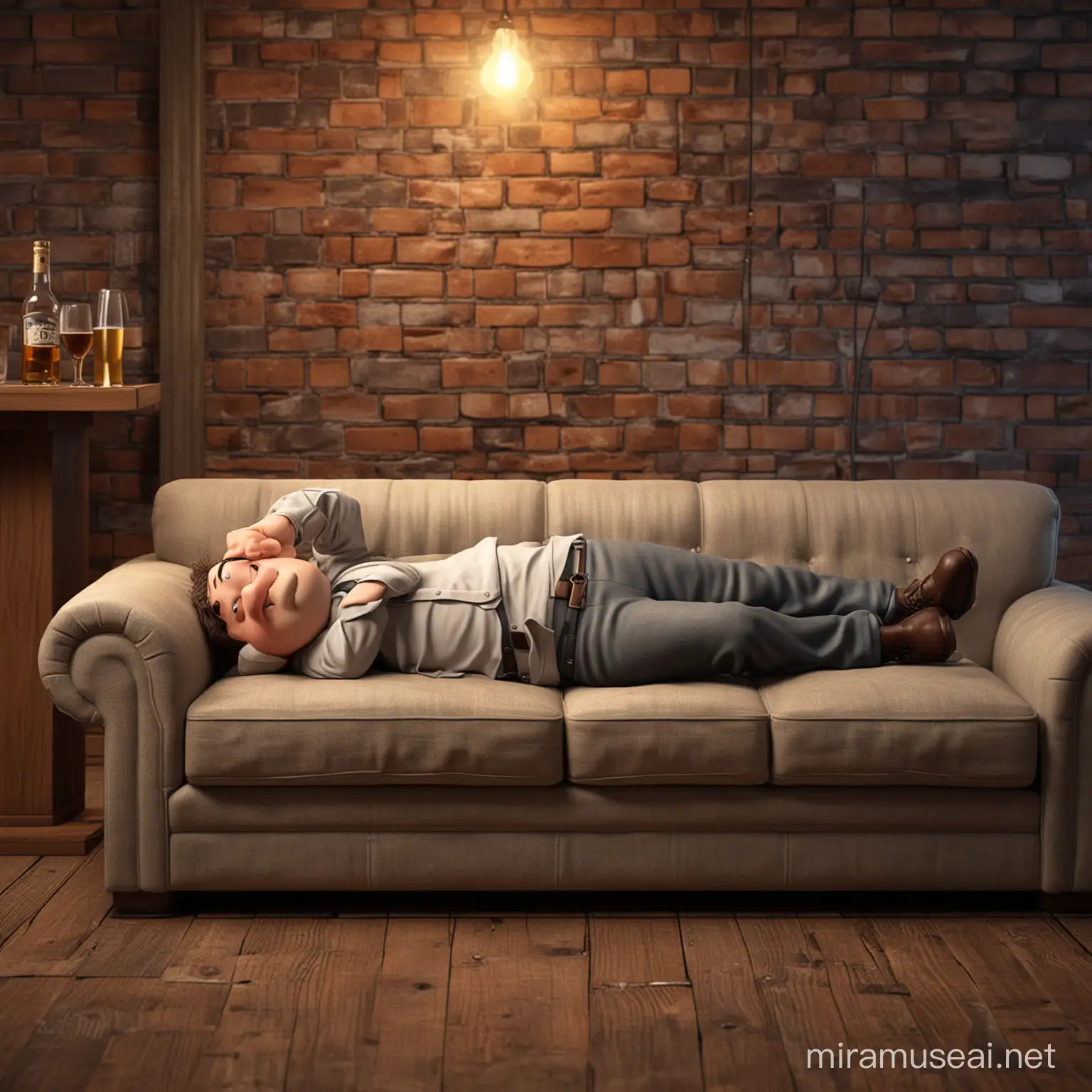 Drunk Man Sleeping Sadly on Sofa in 3D Character Old Bar Background