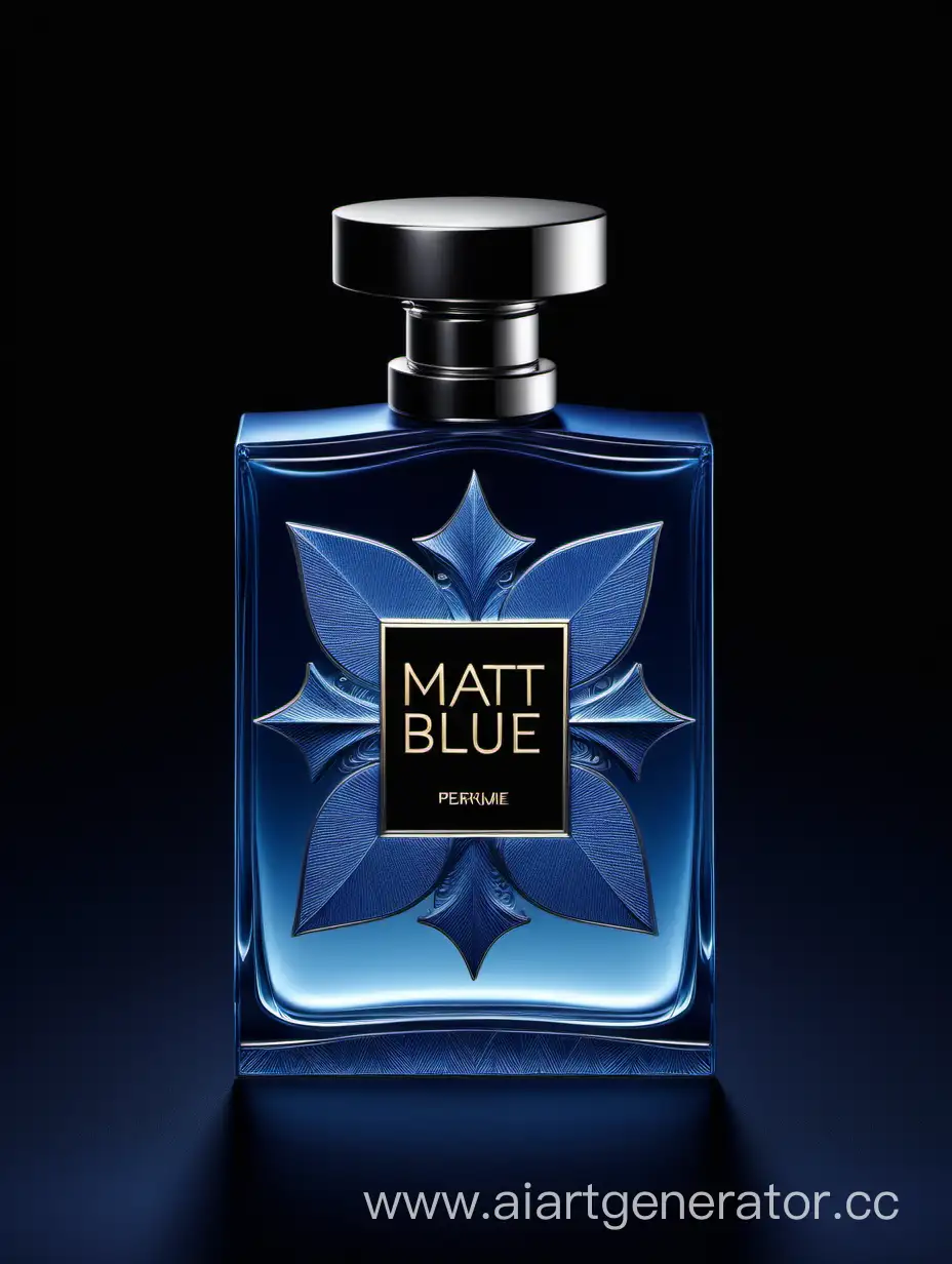 matt blue perfume))), textured crafted with intricate 3D details reflecting light around a ((black background)), with an elegant ((text logo))