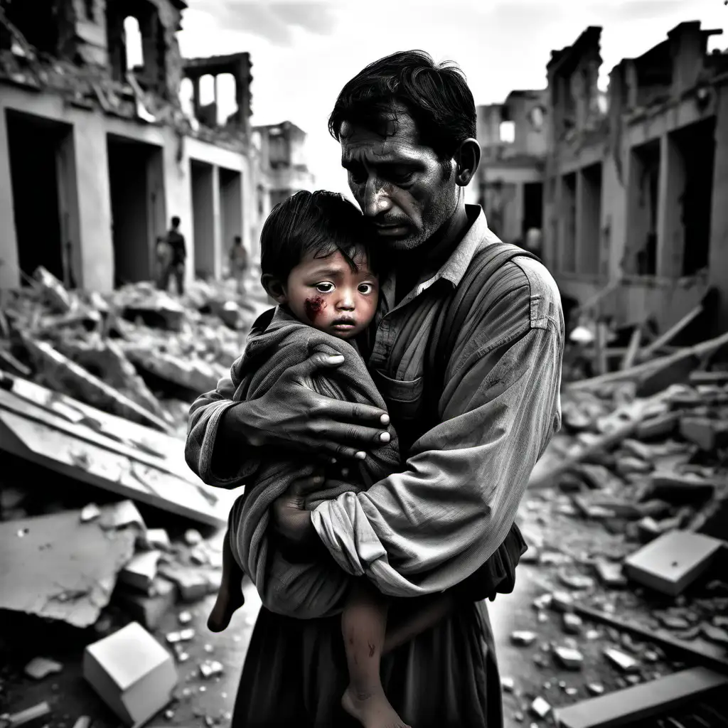 Wounded Child Finds Solace in Fathers Embrace Amidst Wars Ruins