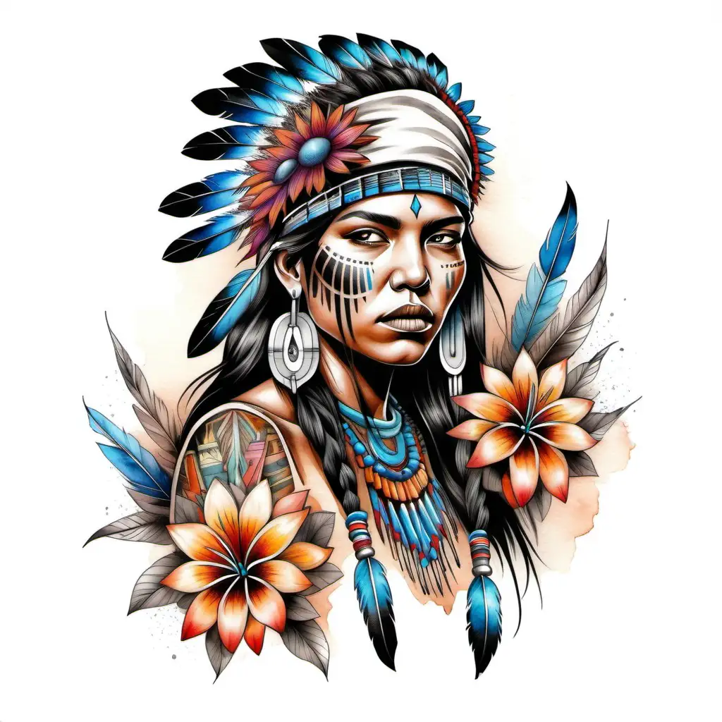 young Apache woman, linear illustration, hyper-colored watercolor, explosive flowers, stylish tattoo on white background
