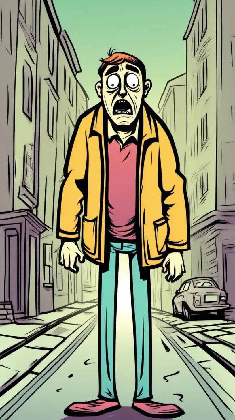 color cartoony.Terrified man stands in the street
