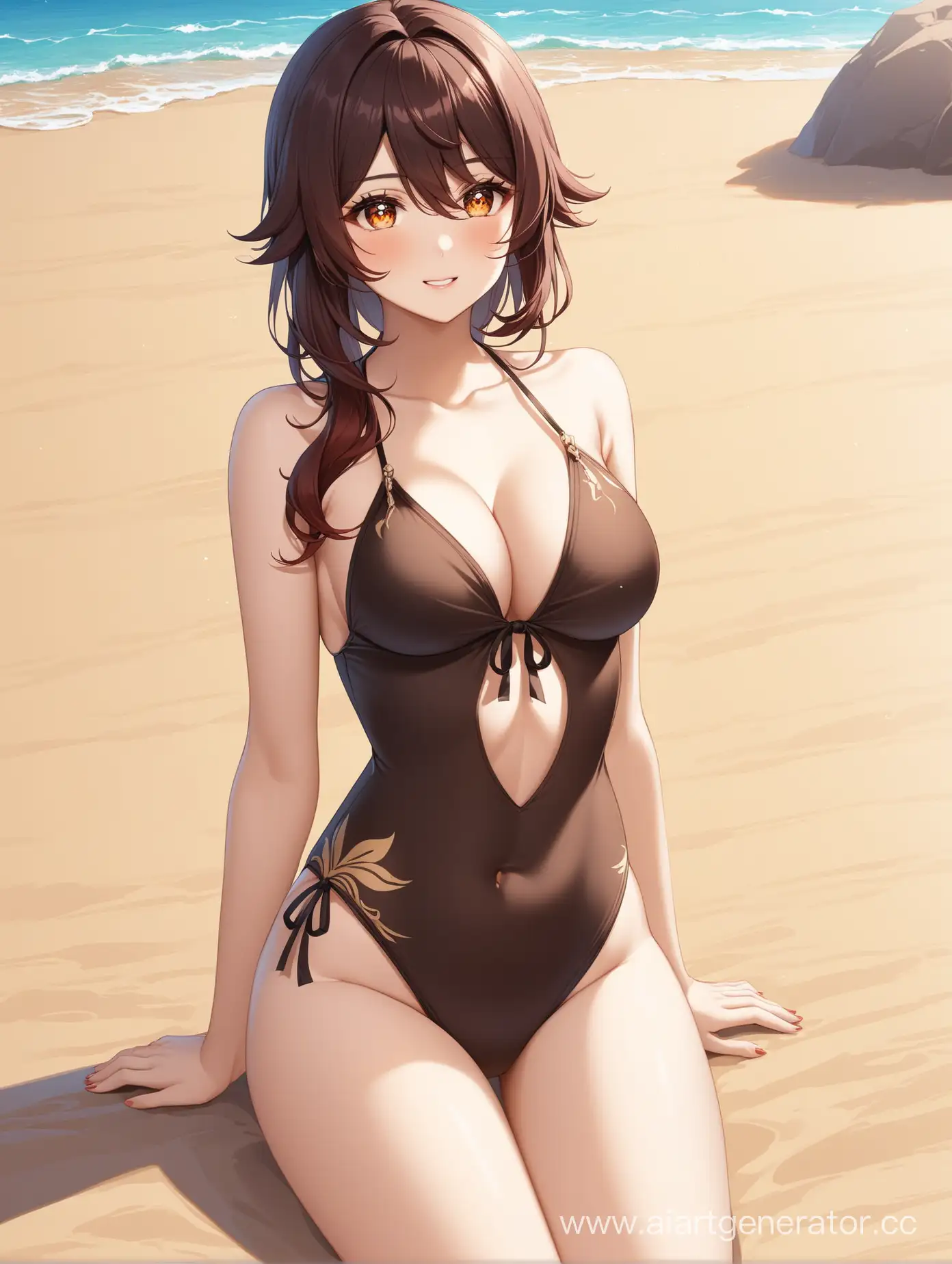 hu_tao_genshin breasts, in a swimsuit on the beach
