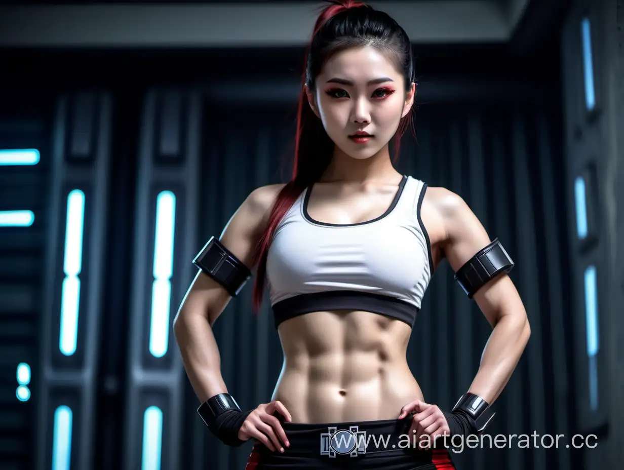 Sporty-Chinese-Woman-with-Star-Wars-Vibes-Displaying-Toned-Abdominal-Muscles