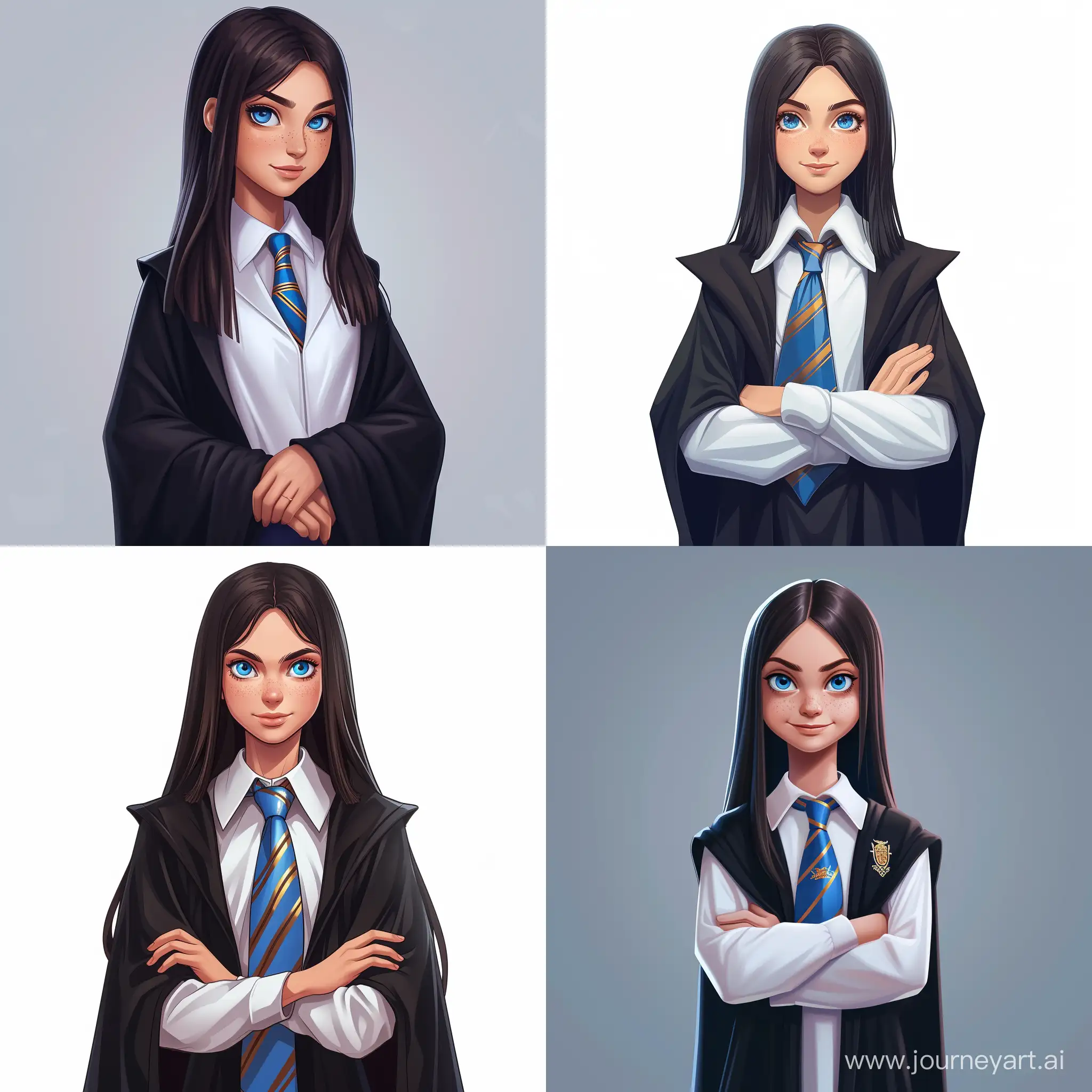 Beautiful girl, straight dark hair, blue eyes, white skin, teenager, 15 years old, Harry Potter fandom, Hogwarts, Ravenclaw uniform, white blouse, blue tie with bronze stripes, black robe, standing with folded arms, high quality, high detail, cartoon art