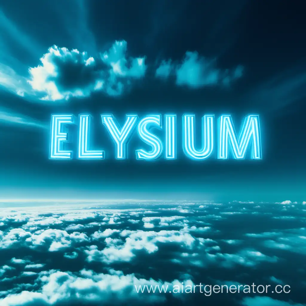 нежно неоново голубая надпись Elysium на фоне голубых облаков 