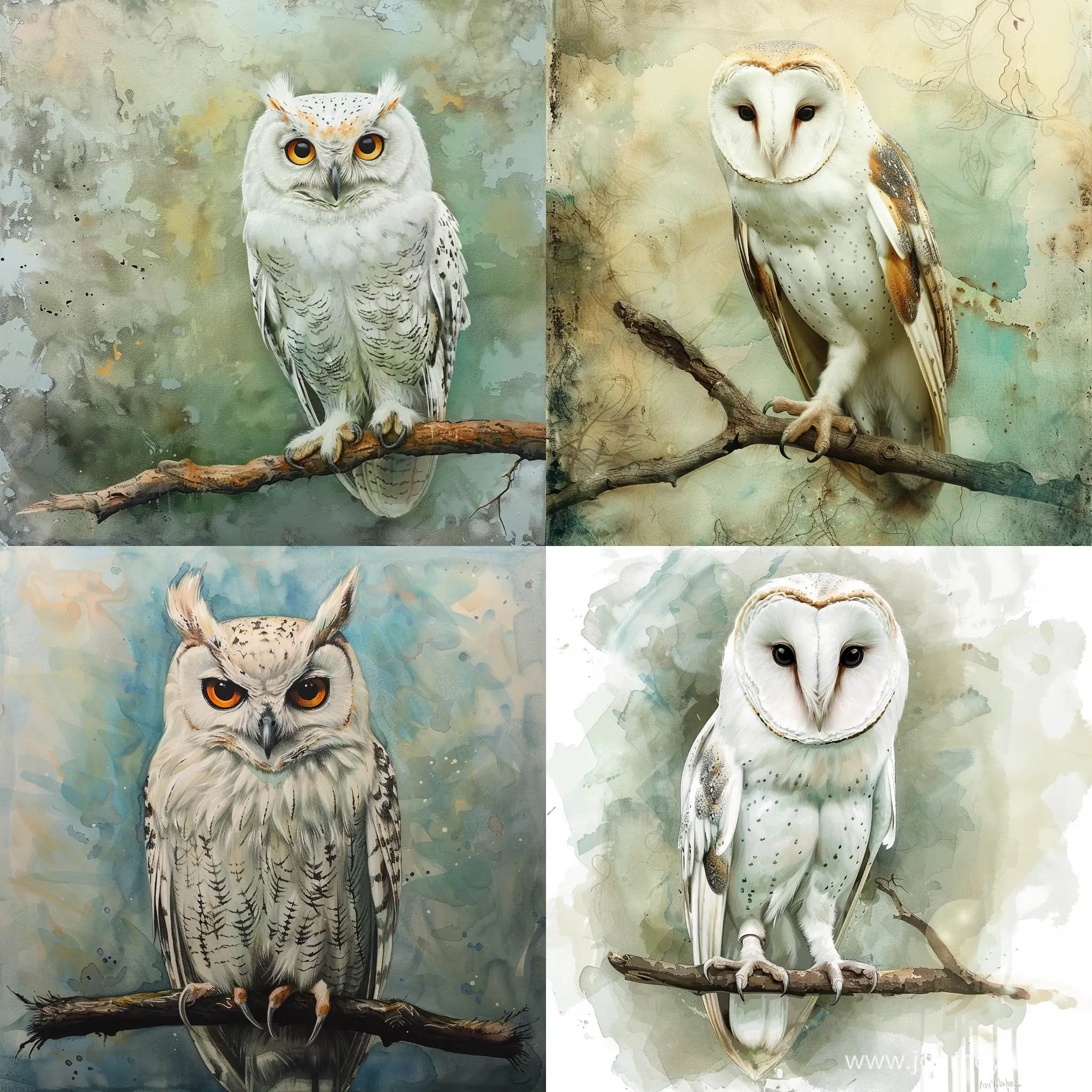 White Owl sitting on a branch, andy kehoe style, watercolor background removable 