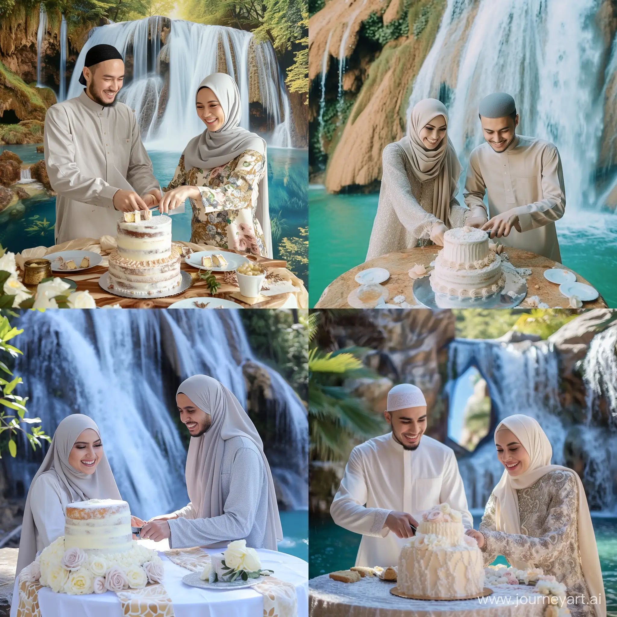 Seorang isteri berhijab sambil tersenyum sedang memotong kek bersama suaminya yang becermin mata background air terjun dibelakangnya yang indah