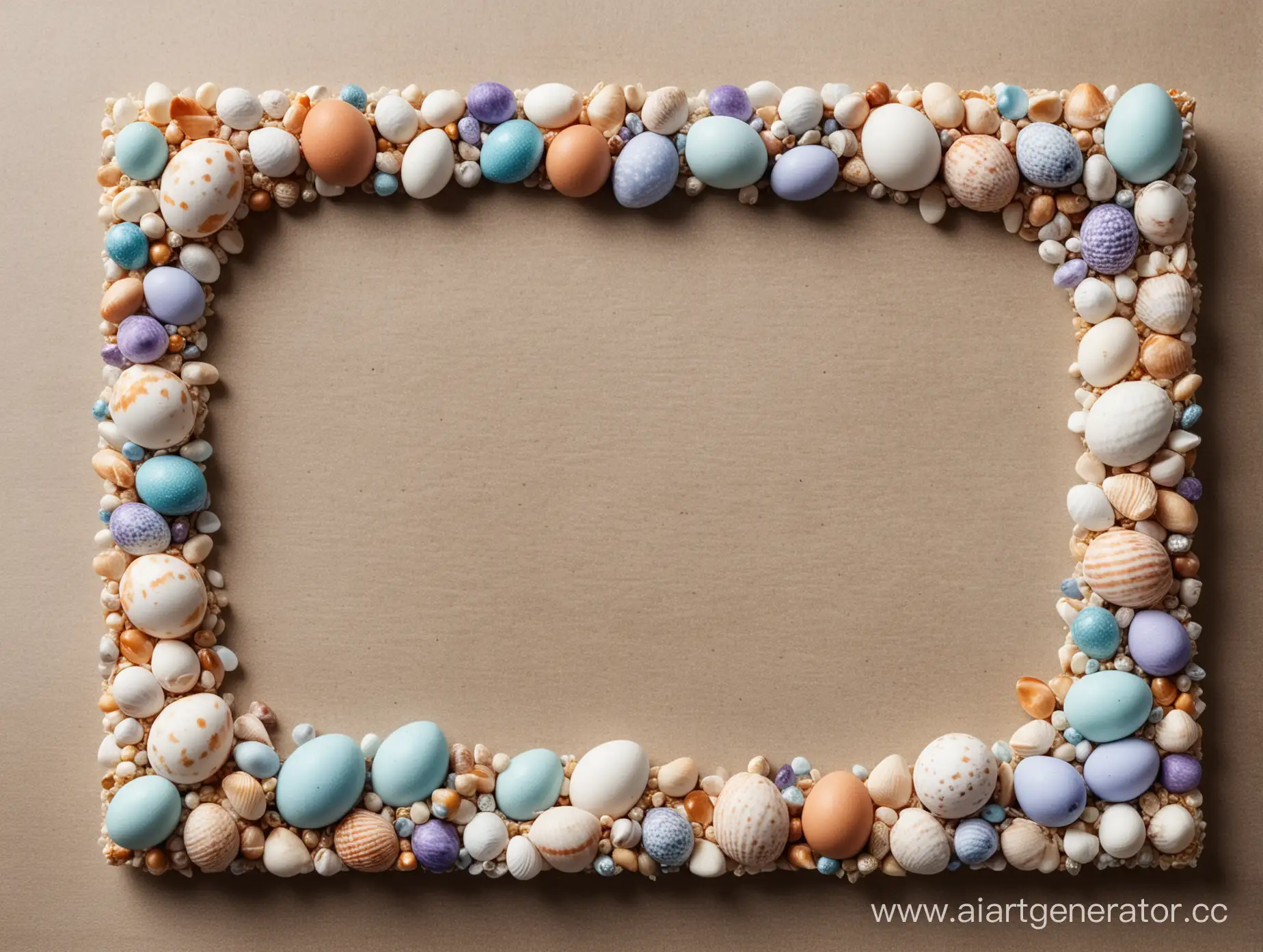 frame of small Easter eggs, sea gems and shells