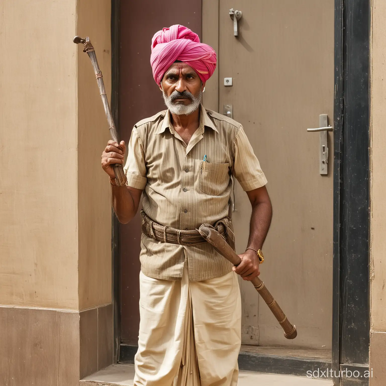 Indian man security at a bank entrance, aged 50 years, holding a lathi in one hand , angry face