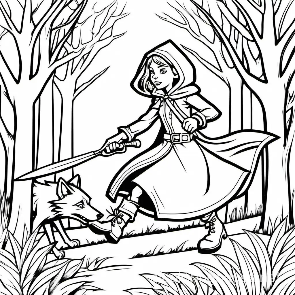 wants to eat a girl with a little red riding hood the wolf is chased by a hunter, Coloring Page, black and white, line art, white background, Simplicity, Ample White Space. The background of the coloring page is plain white to make it easy for young children to color within the lines. The outlines of all the subjects are easy to distinguish, making it simple for kids to color without too much difficulty