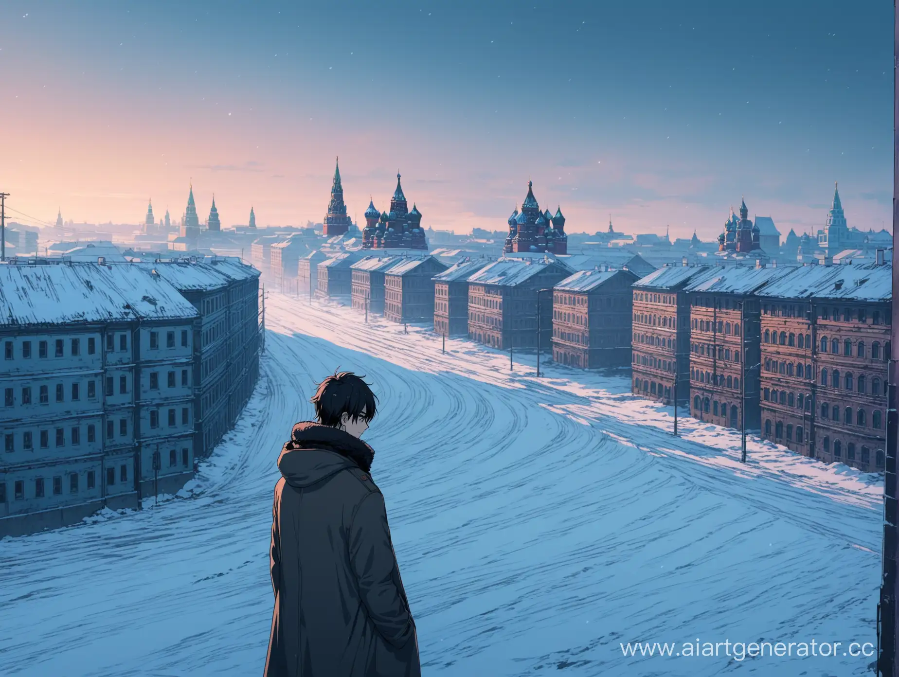 Депрессивный аниме герой на фоне зимнего Российского города