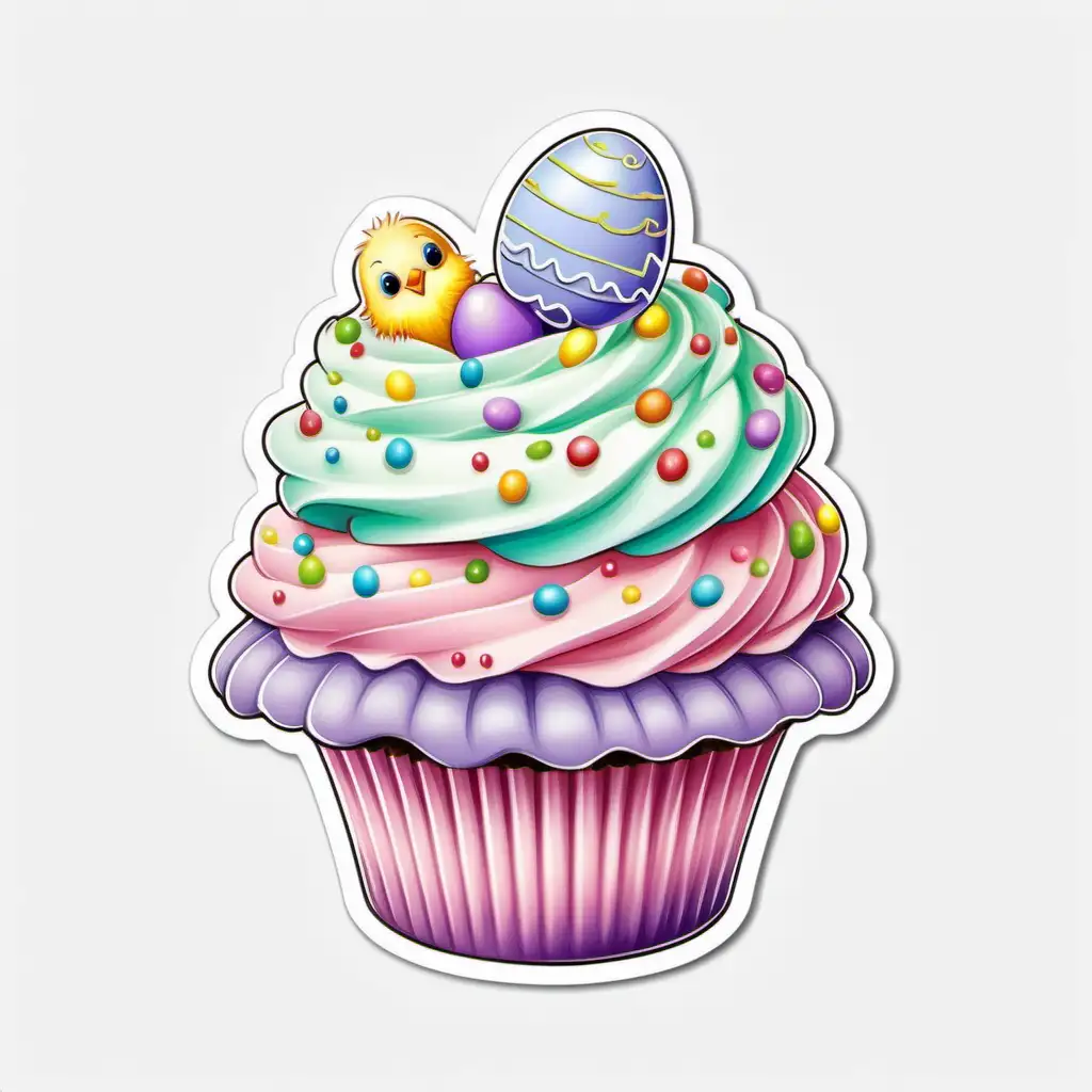 Whimsical Cartoon Easter Cupcake Sticker on Bright Pastel White Background