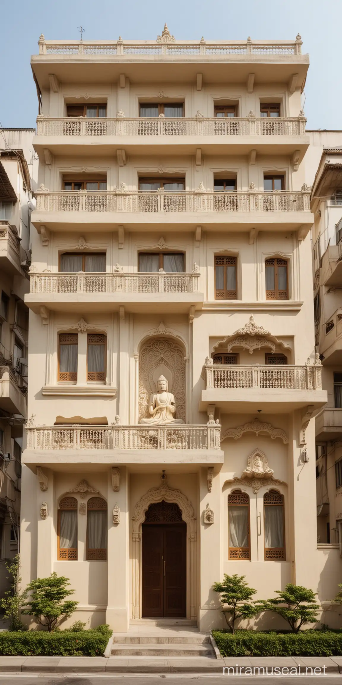 This building stands tall with three floors and an underground parking basement. Its apartments are adorned in a soothing cream color, boasting impressive design with a touch of spirituality. Whether it's subtle Buddhist statues or serene spiritual artwork, these elements add a unique and enchanting vibe to the space.