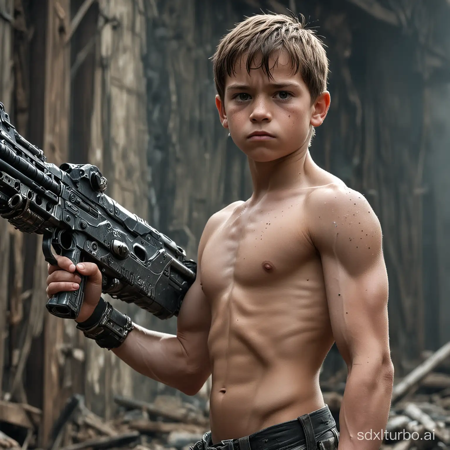 a picture of a muscular shirtless 12 years old bodybuilding huge chest, big muscular arms boy with a gun, preteen, from the tusk movie, still from the movie terminator, movie still of aztec cyborg, in foreground boy with shotgun, still from the movie predator, film still from god of war, movie still of cyborg, unicorn from the tusk movie, movie still of a cyborg, movie still of a cool cyborg, big biceps, big chest, about 1 2 years old, bodybuilding boy, 12 years old kid, shirtless, apocalyptic world, world war 12,desyroyed planet earth, destroyed dark wotld