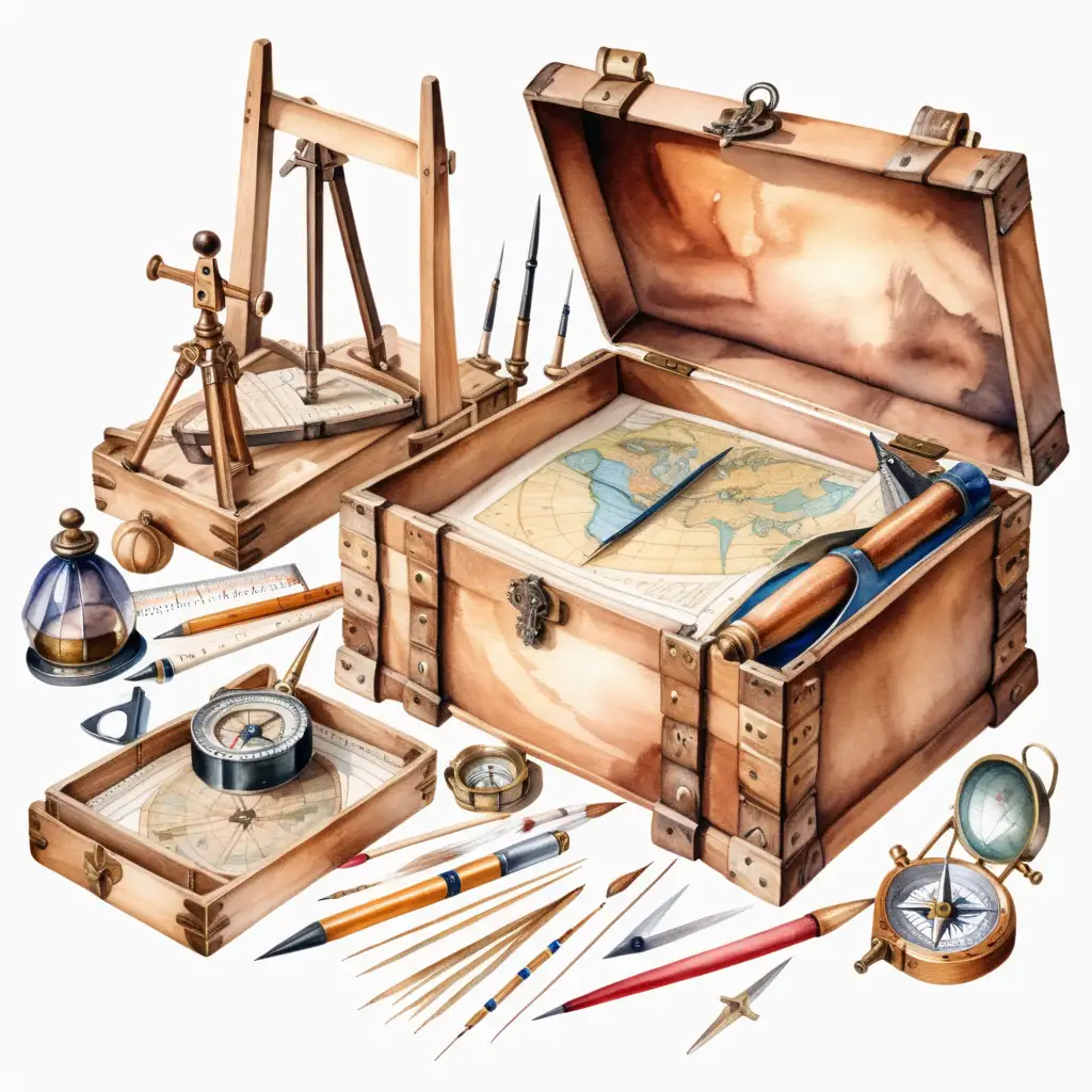 medieval cartographer tools with large wooden box, compass, ink and quills, ruler and calipers, sextant, watercolor drawing, no background