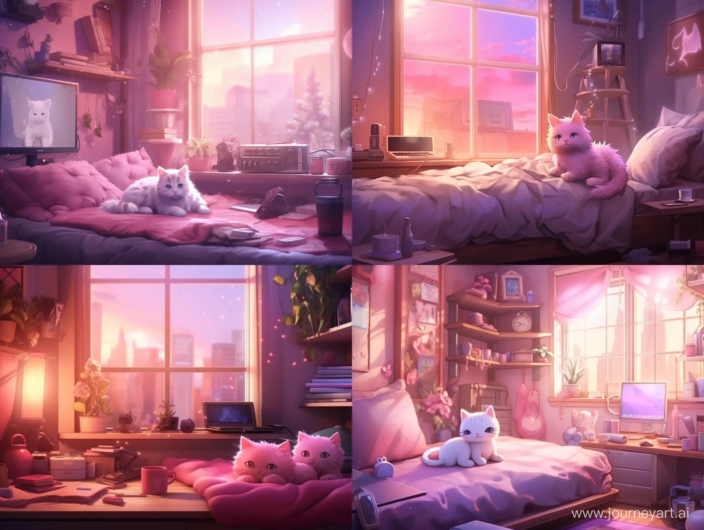 Cozy-Gamers-Room-with-Sleeping-Cat-in-Pink-Tones