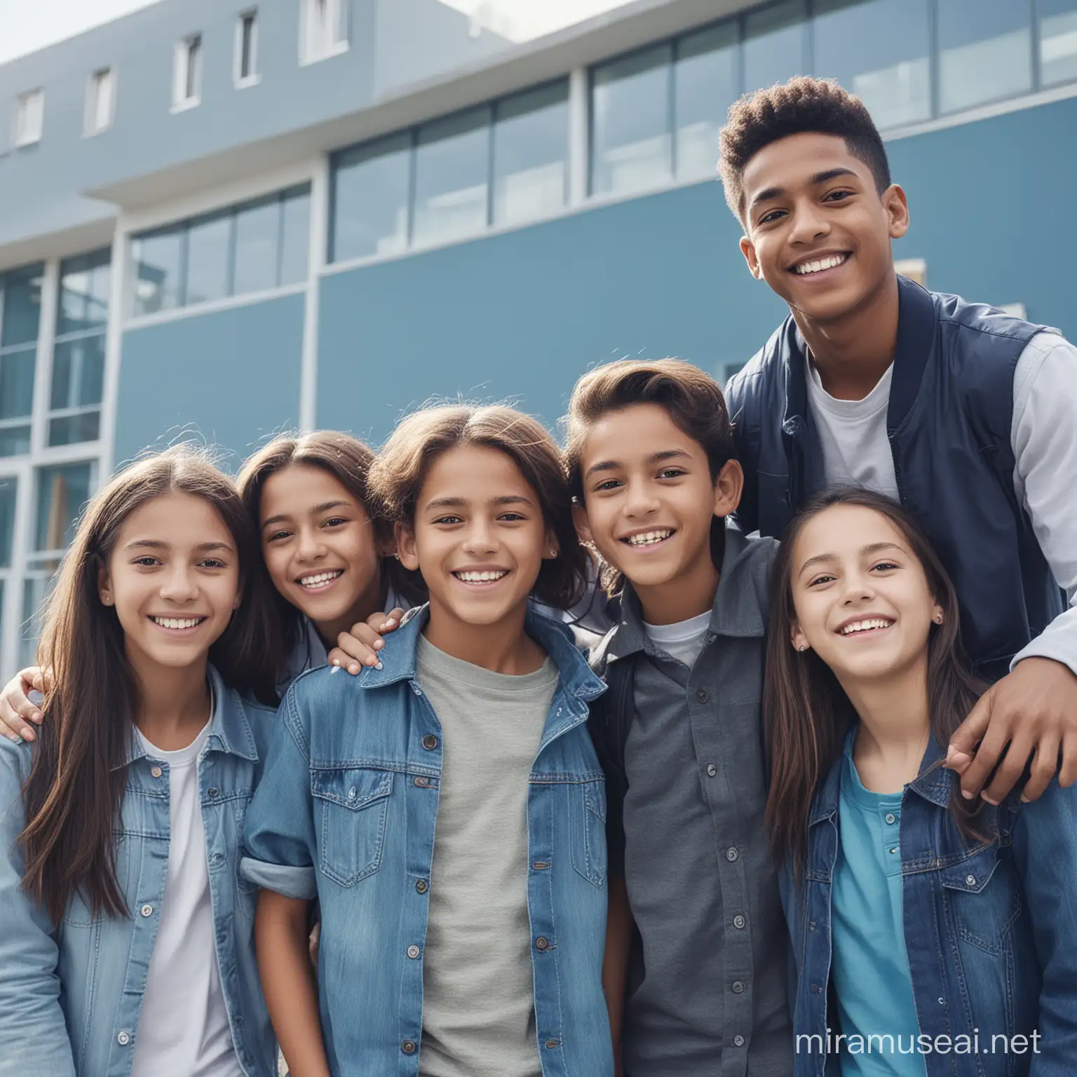 four cheerful multicultural teenagers and children in front of a modern school with blue tone