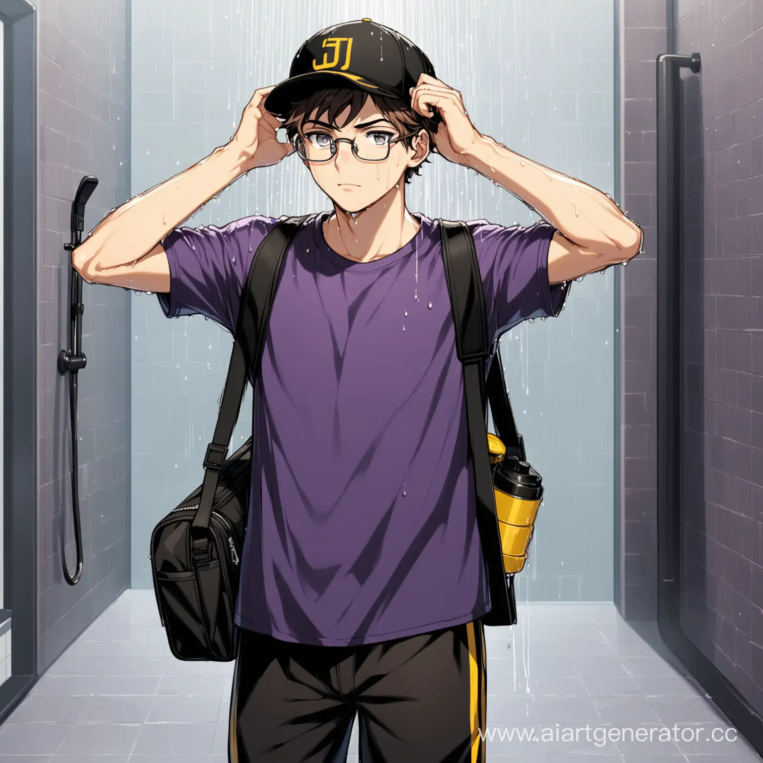 A young guy of medium height, normal build, he has gray eyes, short brown hair, he is wearing a purple T-shirt, black sports T-shirt, black sweatpants, black sneakers with yellow lines, a black Jotaro cap on his head, glasses with a black shower on his face, a black men's bag hanging on his shoulder