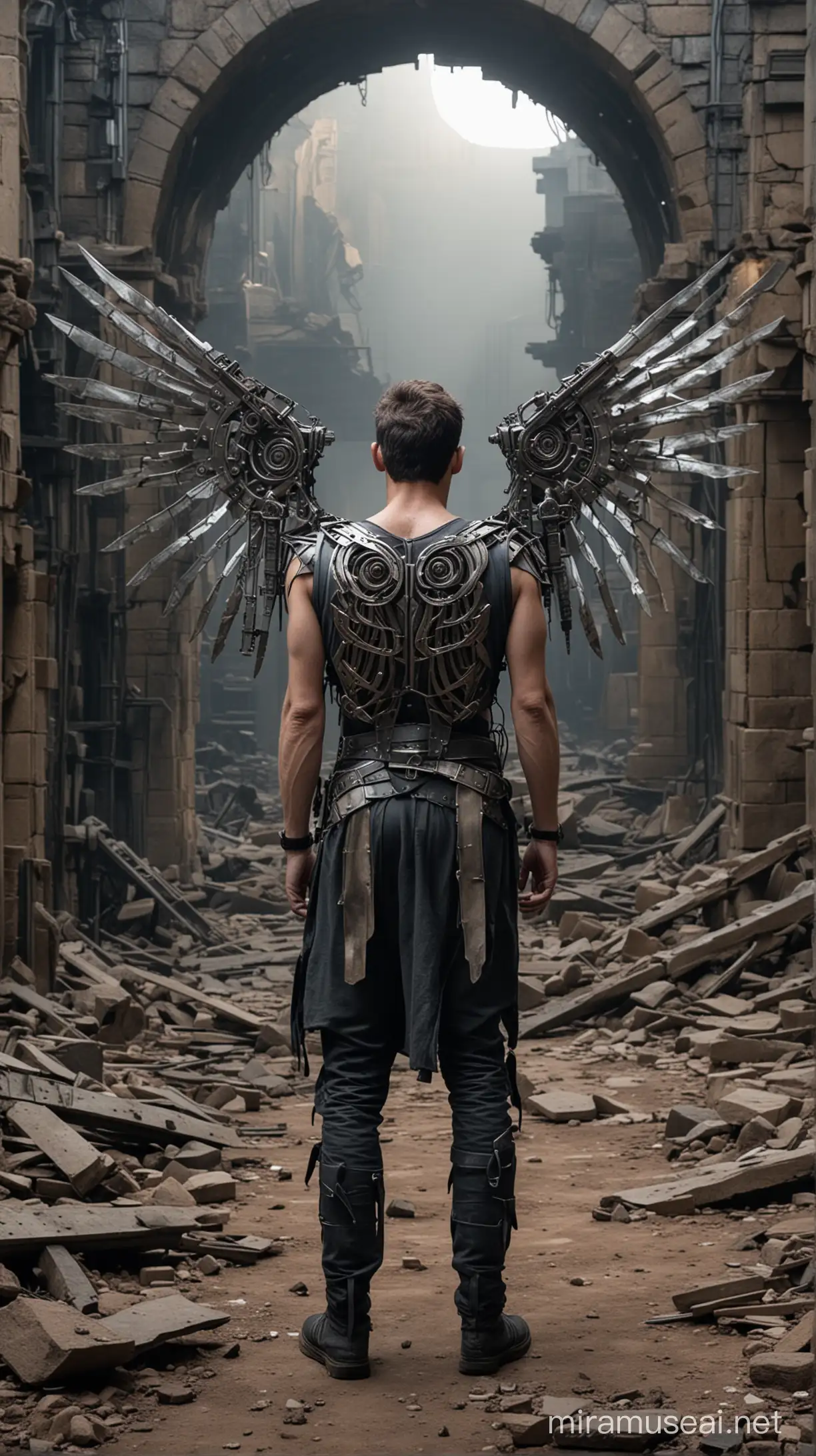 an injured man standing in front of the ruins of a labrynth, mechanical metal wings strapped to his back, it is night, his back is to us