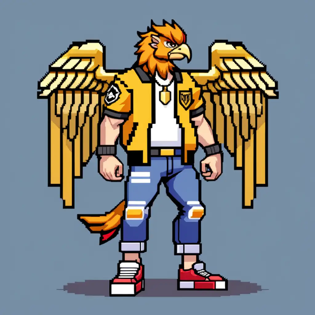 2d pixel art full body Male Griffin gang affiliated member with a gold jacket with emblems in a beat em up style
