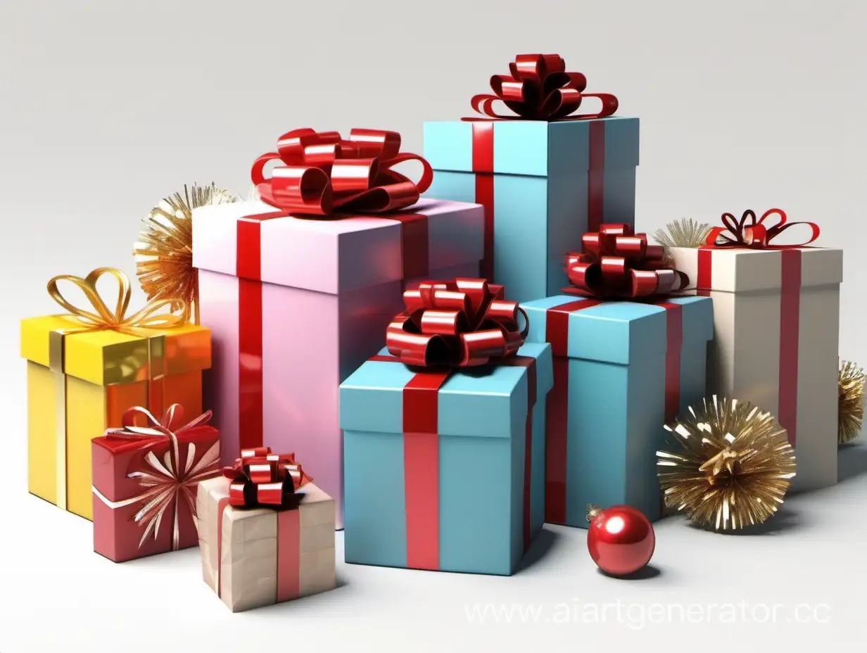gifts for new year on white background, 3d rendering, cartoon, raw style, 32k