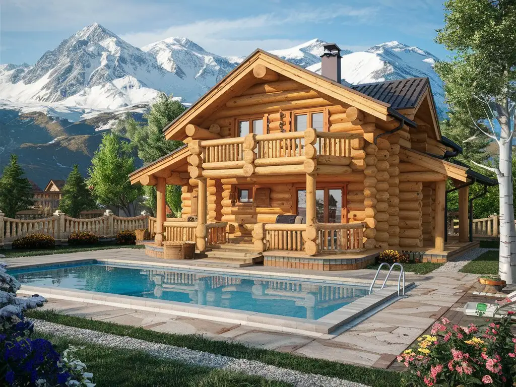 a beautiful log cozy house in the mountains. The log cozy house is made of wood and has a large balcony with a view of the mountains. There is a swimming pool in front of the house and a garden with flowers and trees.