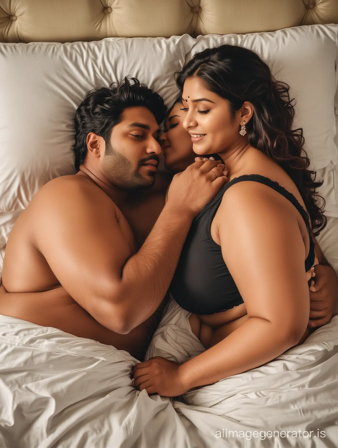 Only two people with Average Indian men and Indian women plus size  together in bed trying to seduce