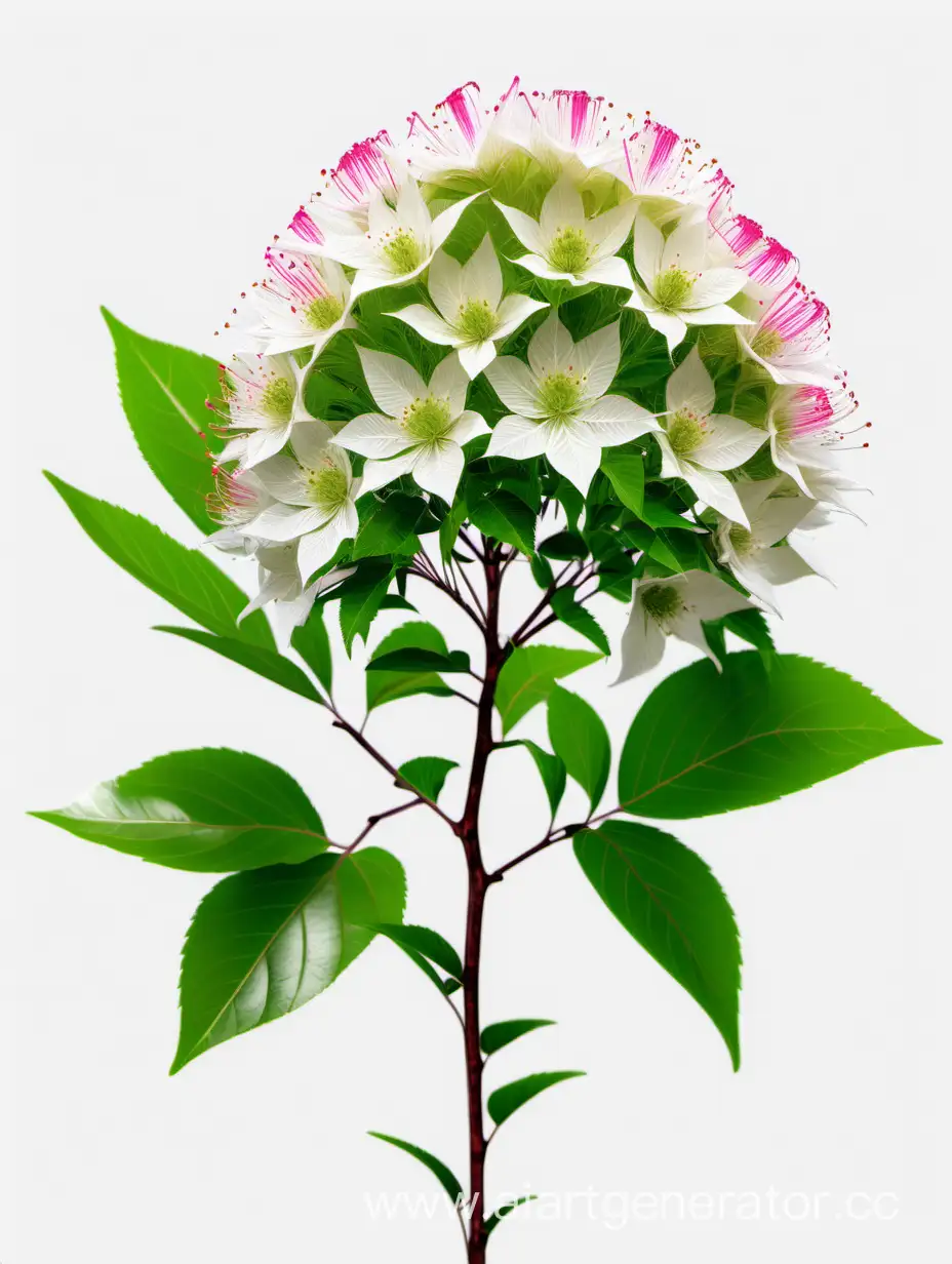 flowering shrubs wild BIG flower 8k ALL FOCUS with natural fresh green 2 leaves on white background 