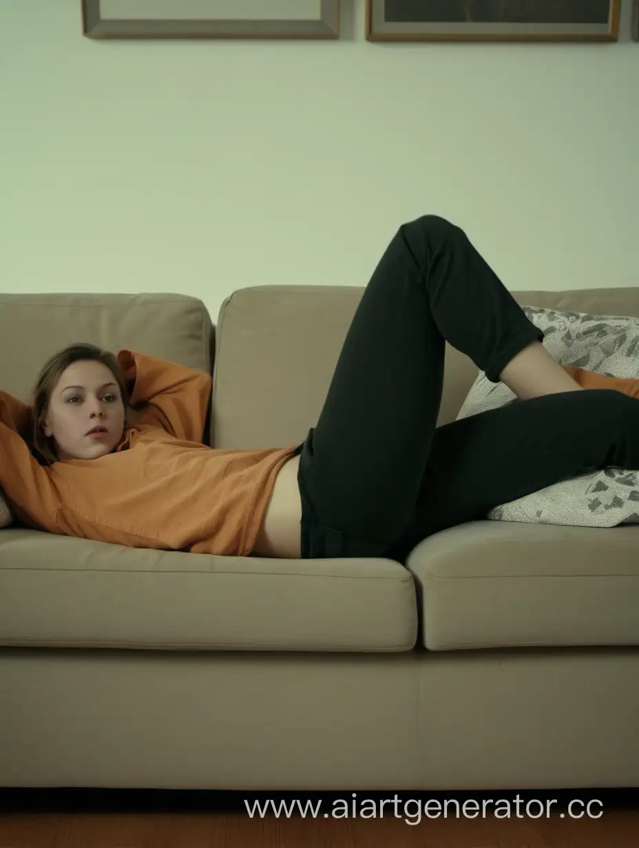 Relaxed-Leisure-Lazy-Girl-Lounging-on-Sofa-in-Diagonal-Wide-Shot