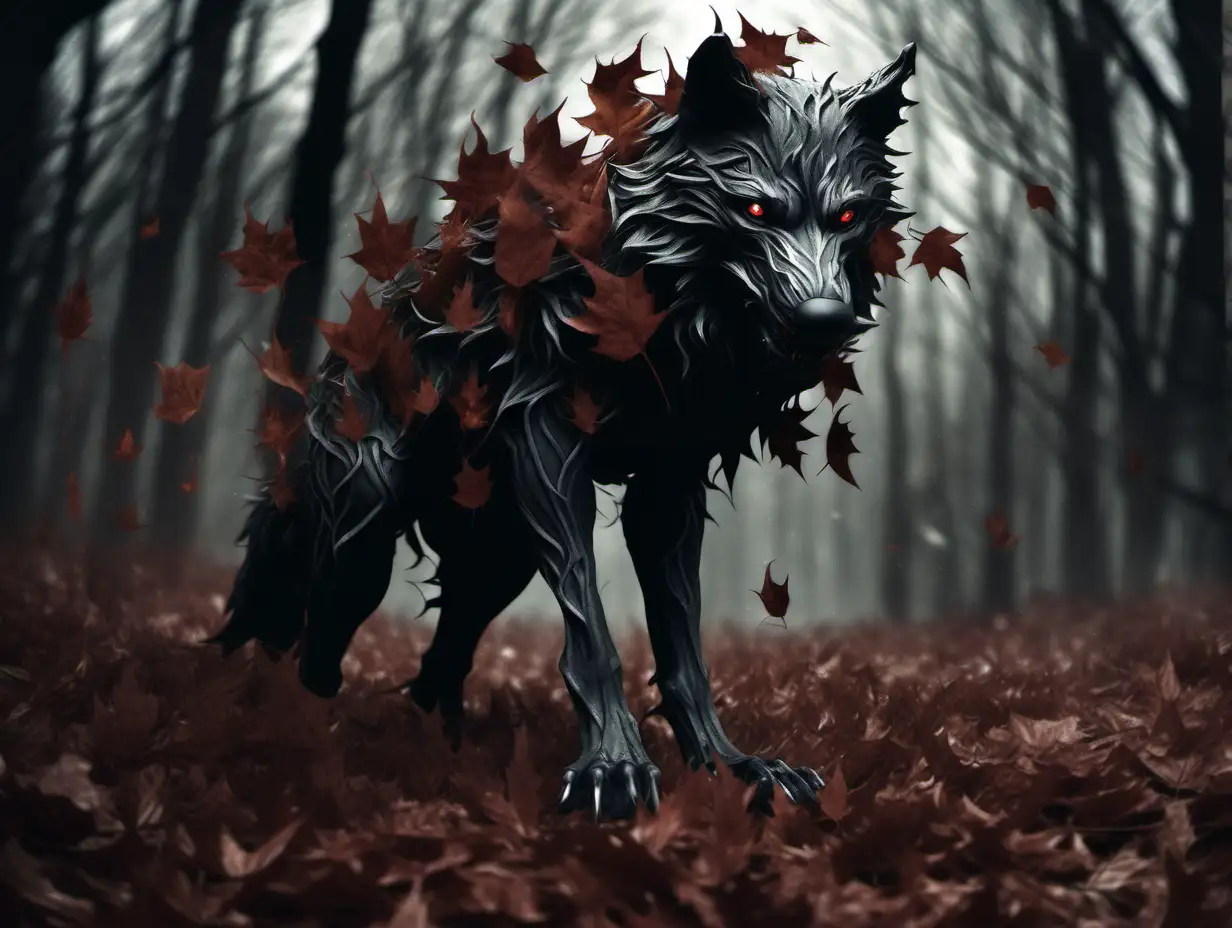 wolf covered in leaves, dark fantasy, evil