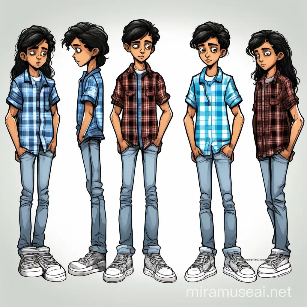 Character illustration, character standing, 

Around 12 years old. Relatable graphic t shirt plaid shirt sneakers
Thinking light skin with dark hair and blue eyes. Athletic on the skinny side.