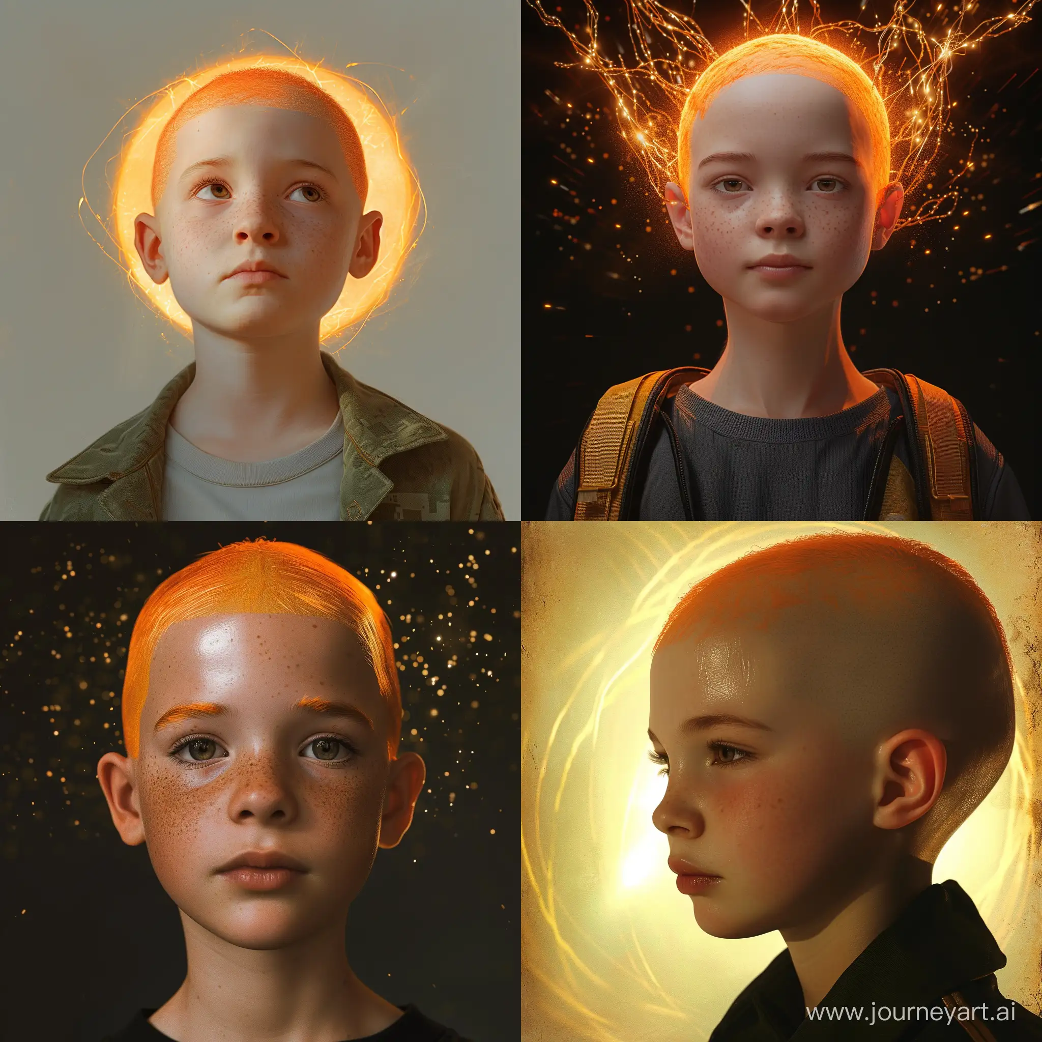Create a lifelike depiction of a 12-year-old girl with freshly shaved orange hair, showcasing her bold decision to go bald for a military training. The image reflects her resilience and commitment, with a focus on her facial expressions and the empowering aura surrounding her.