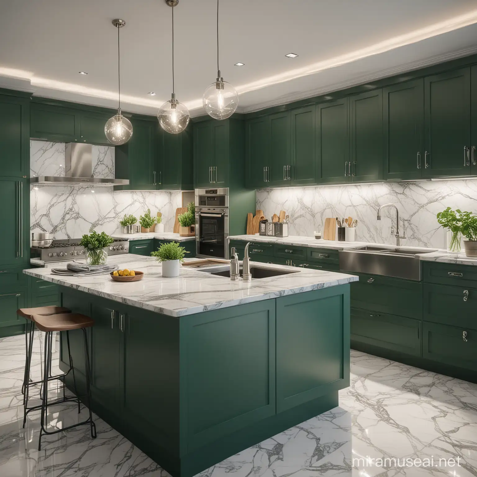 modern kitchen with forest green colored cabinets, nice bright lighting, photo realistic, marble counter tops, shiny silver cabinet door handles