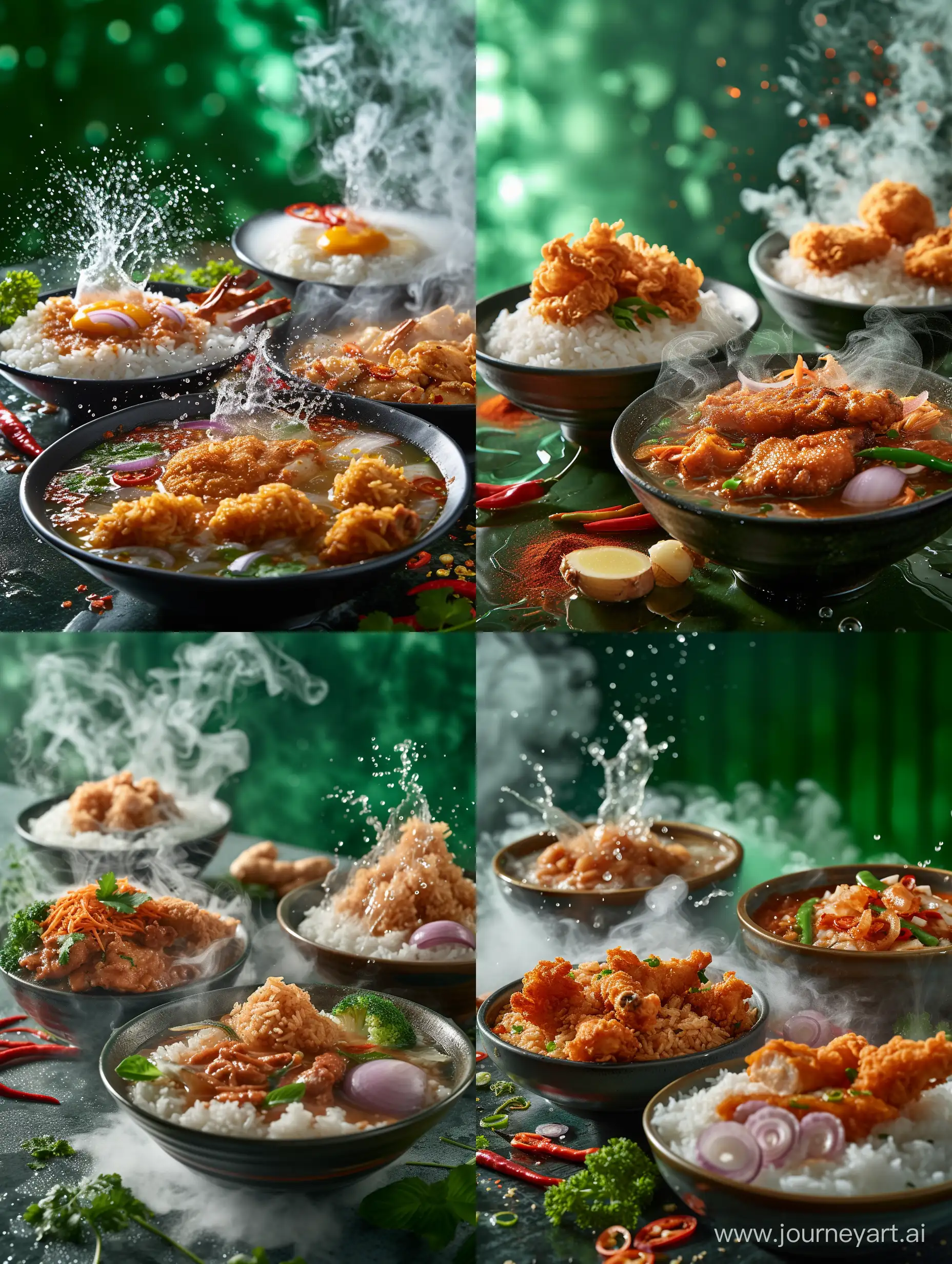 ultra realistic, Malay food dishes. rice and fried chicken. fish and rice goulash bowls. chili, onion and ginger. there is a little smoke and splashing water. there is a green light behind. canon eos-id x mark iii dslr --v 6.0
