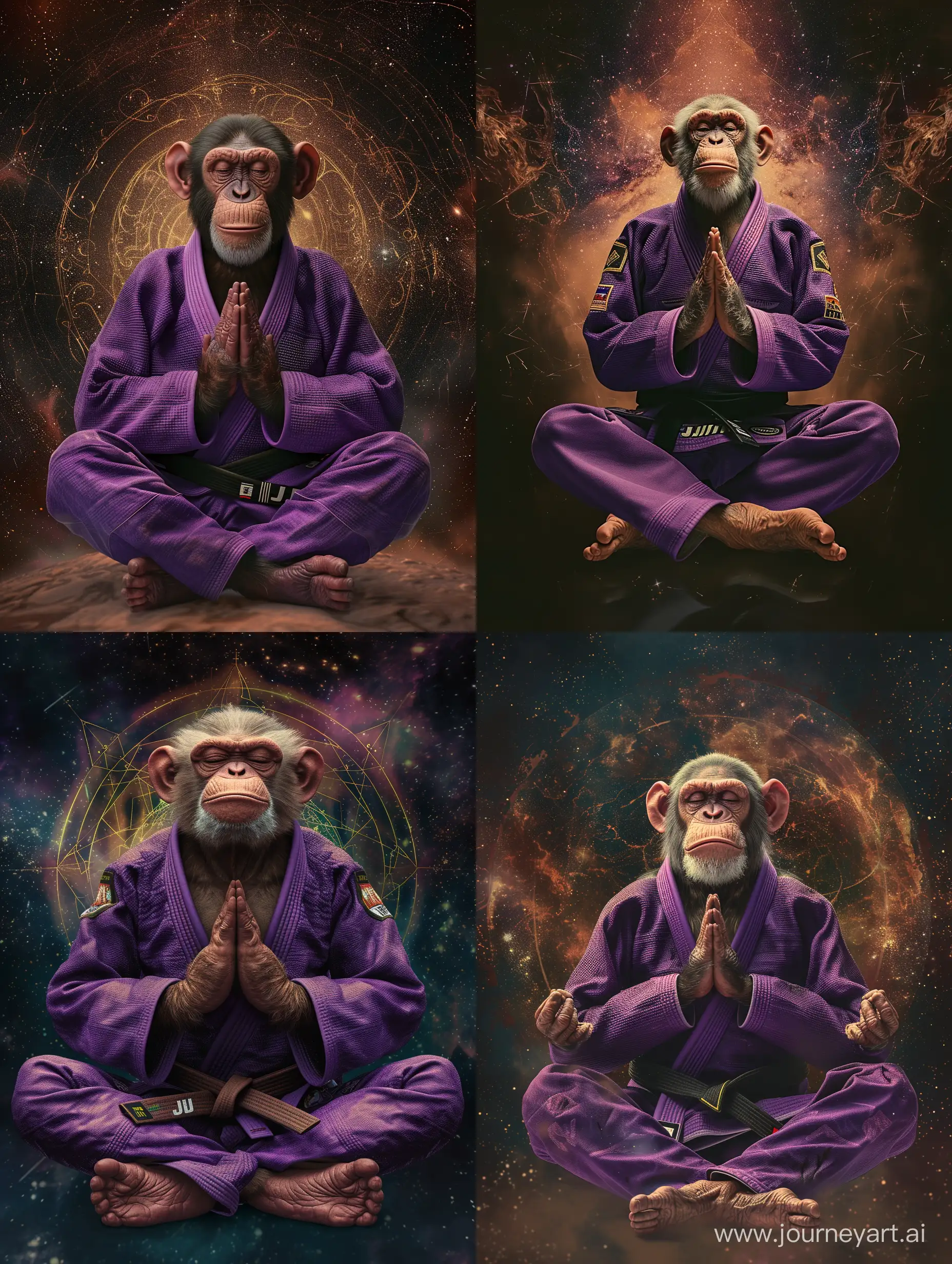 Photo realistic A monkey wearing a purple Brazilian jiu jitsu gi. He is meditating with his legs crossed and palms pressed together in prayer.He is looking at the viewer with an evil grin on his face, symmetry, cosmic background