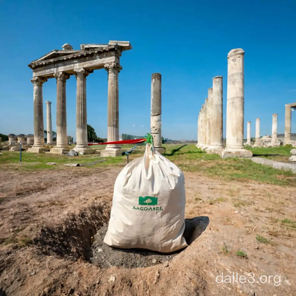 a ploughed field on roman site the balkans. a large white sac in hole. The sac has a line of green tape stuck on middle it. bag full of soil and roman coins.  Roman pillars in background. blue sky