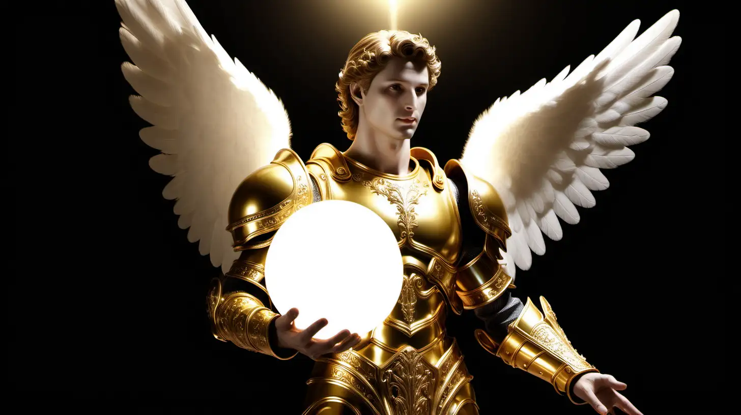 an godly angel in golden armor holding a 1 foot white sphere that glows