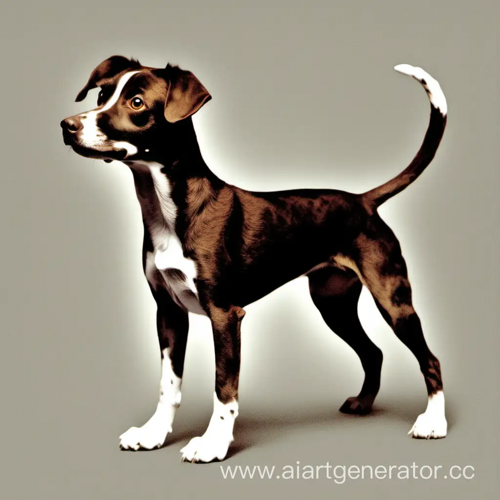 Темно-коричневая собака дворняжка с белыми лапками в горошек и белой грудкой полустоячие ушки клинообразная форма головы хвост серпом