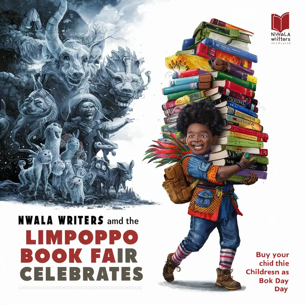 international children's book day poster illustration, a multiracial child carrying a lot of children books, mythical and adventurous, white background. A poster that says; "Nwala Writers and the Limpopo Book Fair Celebrates..". add the words "Buy your child a book this children's book day!"