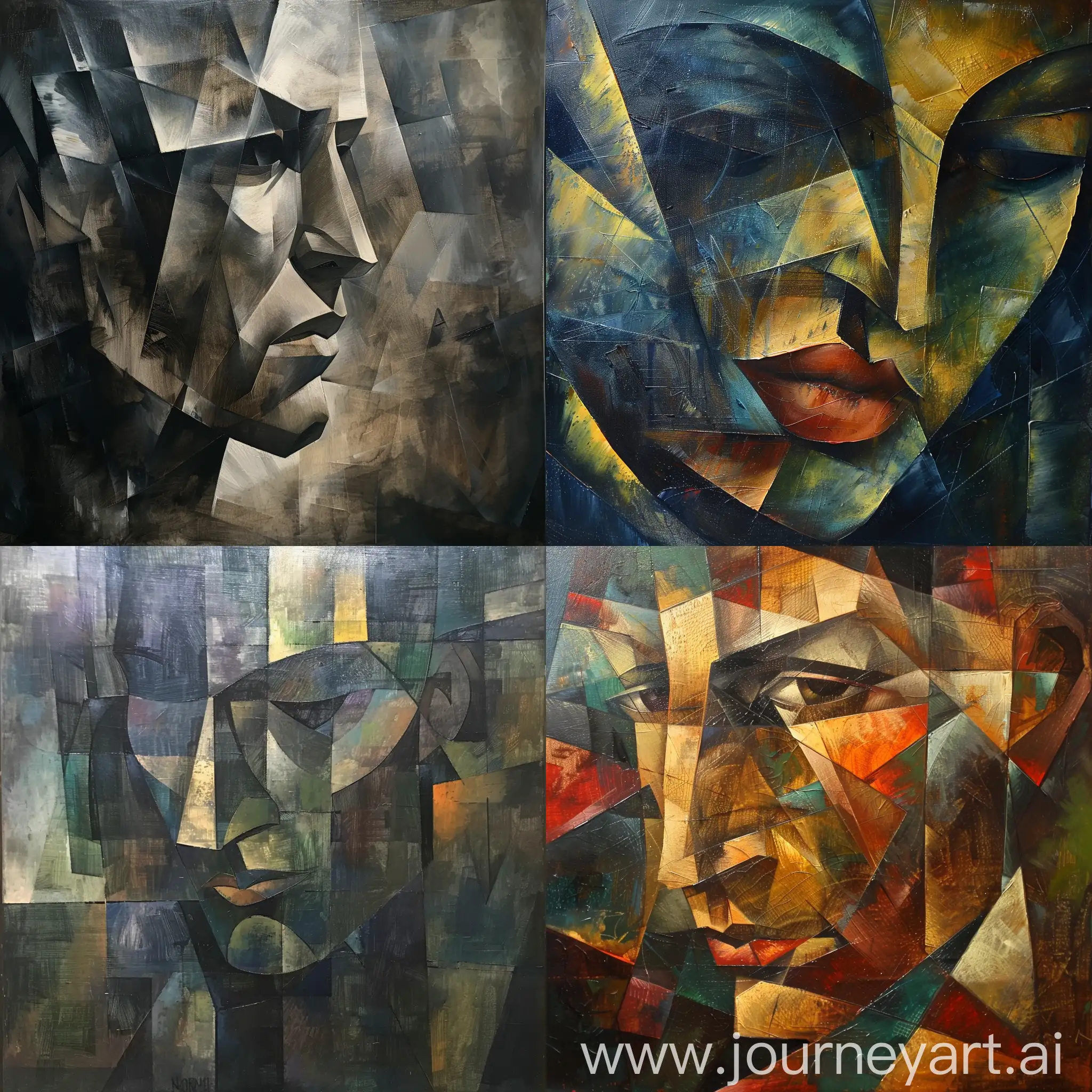 Cubism oil painting in an cubism style with large brush strokes and a dark moody tone. vintage. museum quality.
