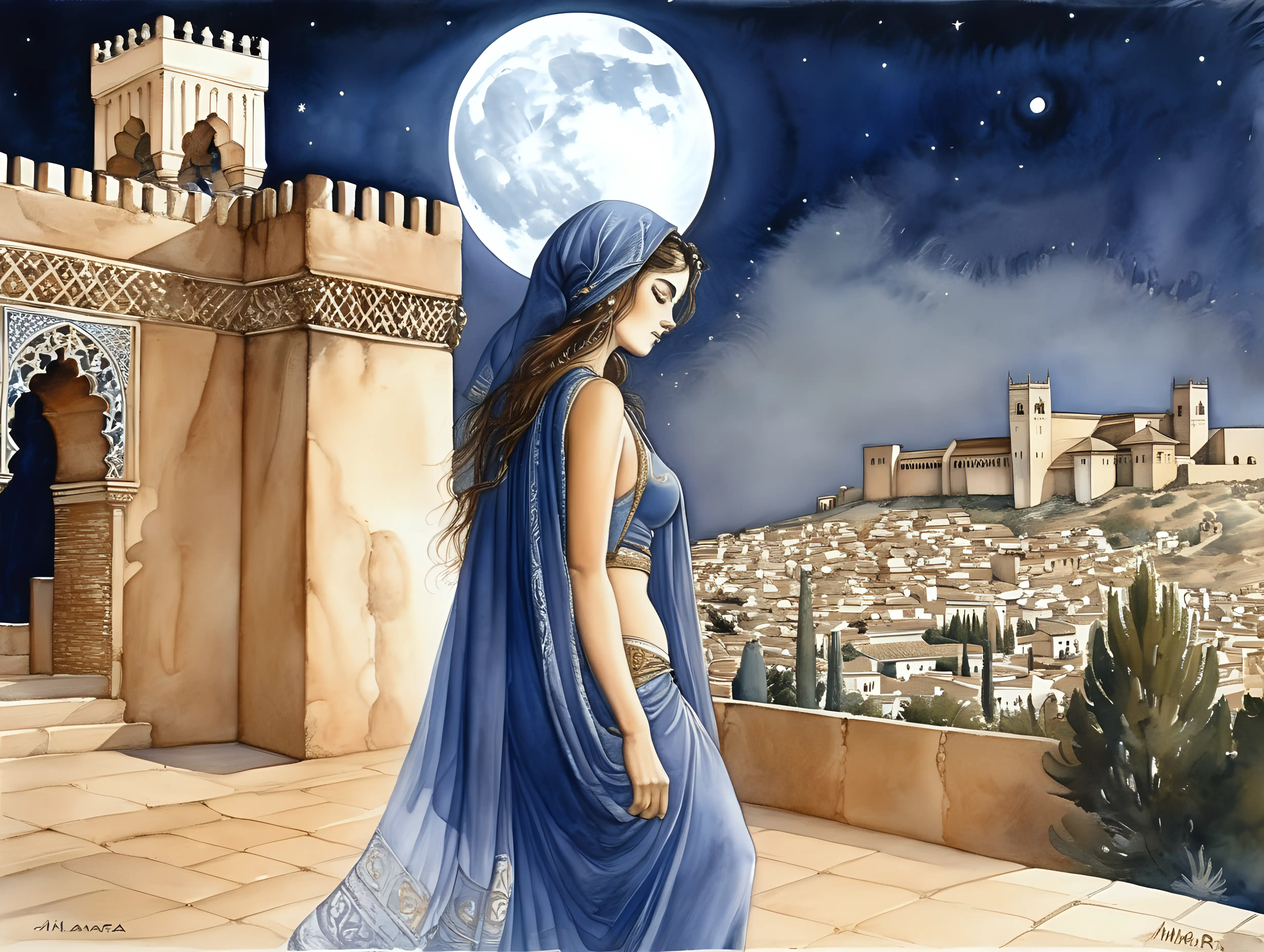 Época medieval,la Alhambra de granada, mujer arabe,noche,luna llena,Milo Manara, acuarela