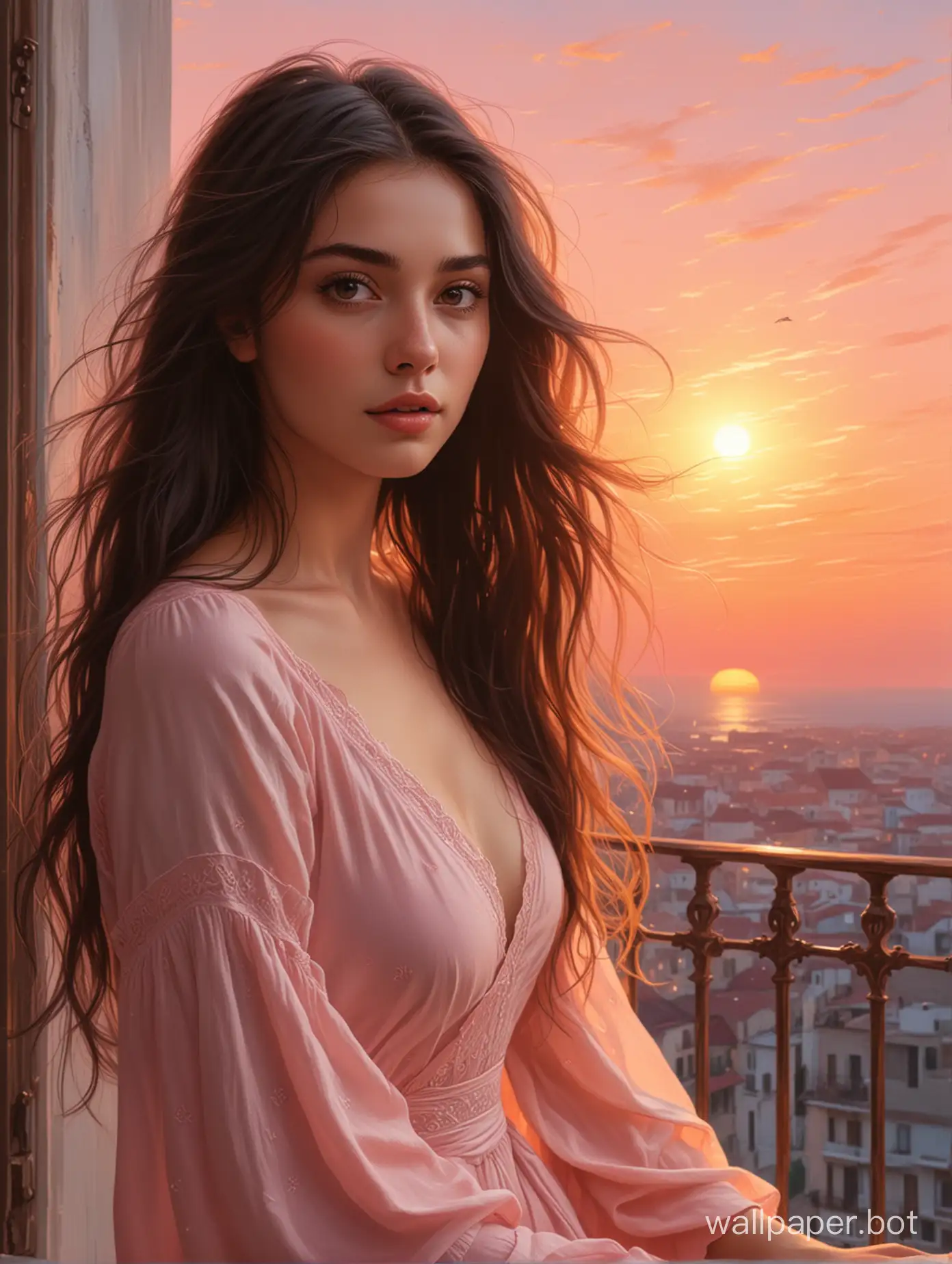 On the cover of the book is depicted a beautiful young woman with dark long hair that easily sways in the wind. She stands on the balcony, engulfed in the first rays of dawn. Tenderness and mystery are reflected in her eyes, while her gaze is filled with secrecy and dreams. The background of the cover is dark, with only a delicate pink sky visible on the horizon, painted in the colors of the rising sun. This image symbolizes the beginning of a new day and new opportunities for the main heroine, who has immersed herself in the magical atmosphere of dawn at this moment.