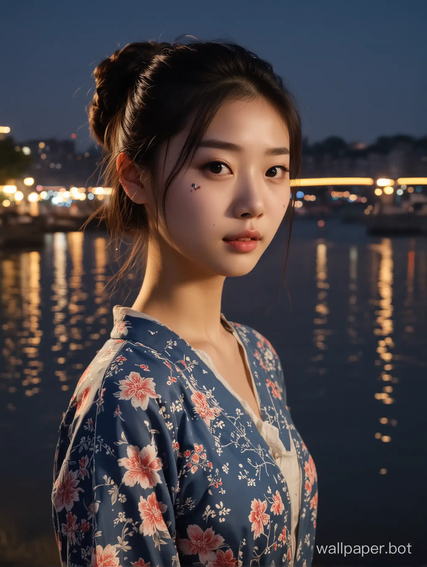 At night, the Chinese girl with a pattern on her face stood by the river watching the scenery