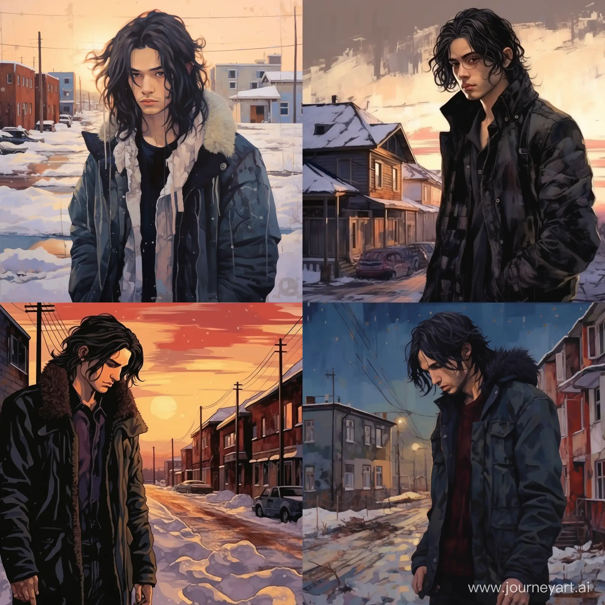 Urban-Microdistrict-Young-Man-with-Long-Hair-in-Torn-Clothing-and-Blood-on-Asphalt